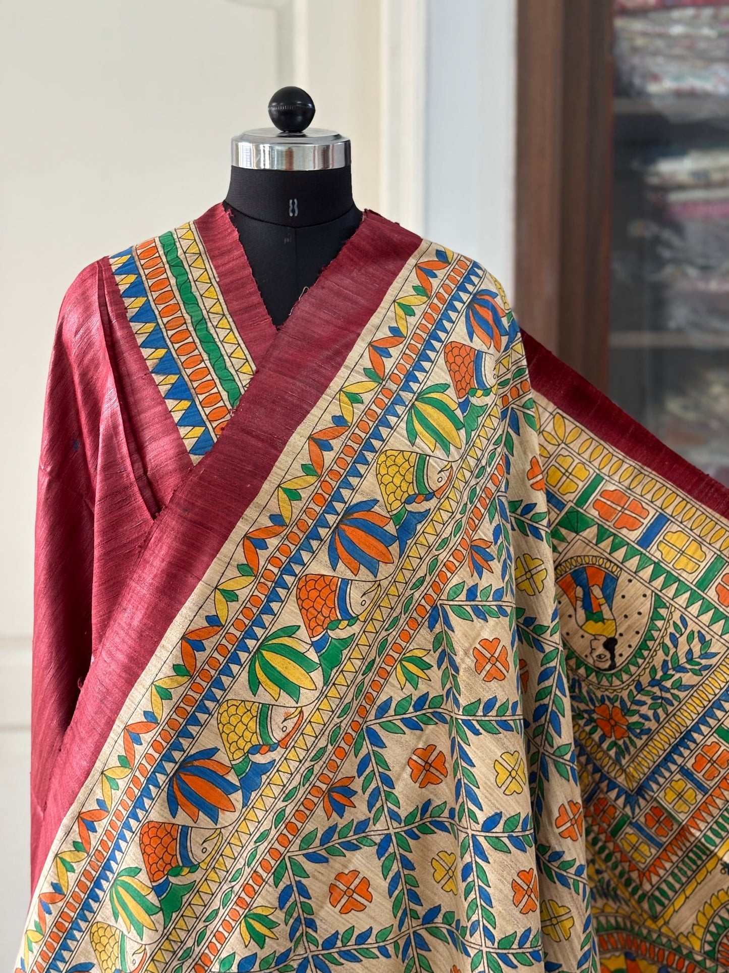 Pure Tussar Ghicha Silk Handcrafted Madhubani Half Saree (Silk Marked)