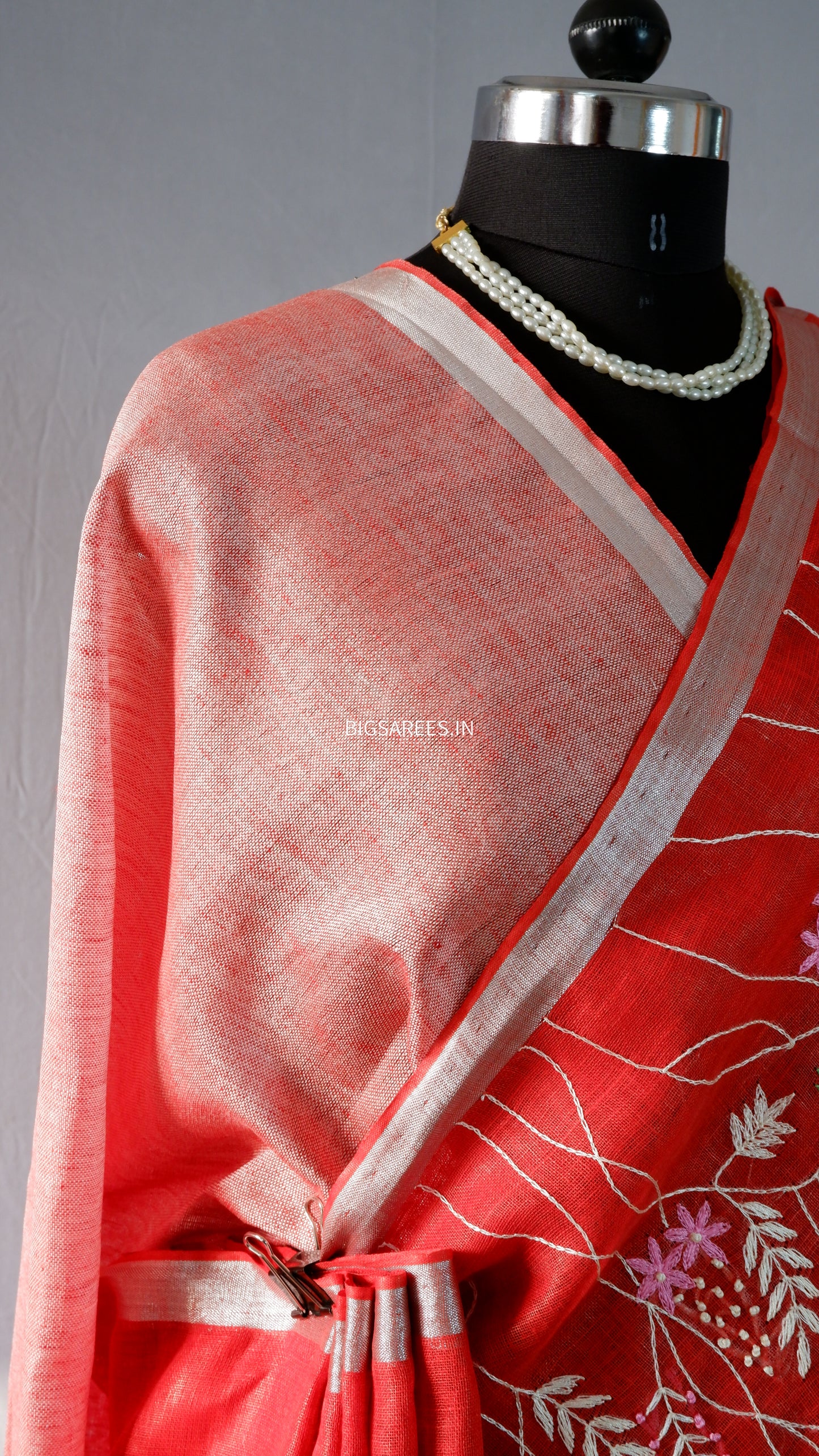Pure Linen Saree With running Blouse - tomato Red