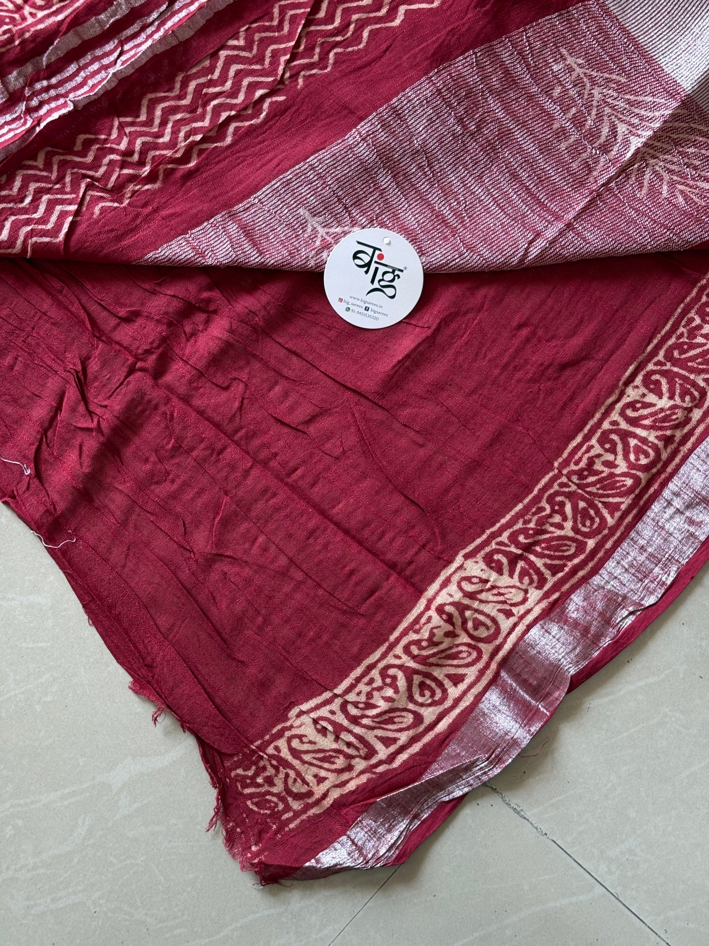 Block printed Cotton Linen Saree With unstitched Blouse