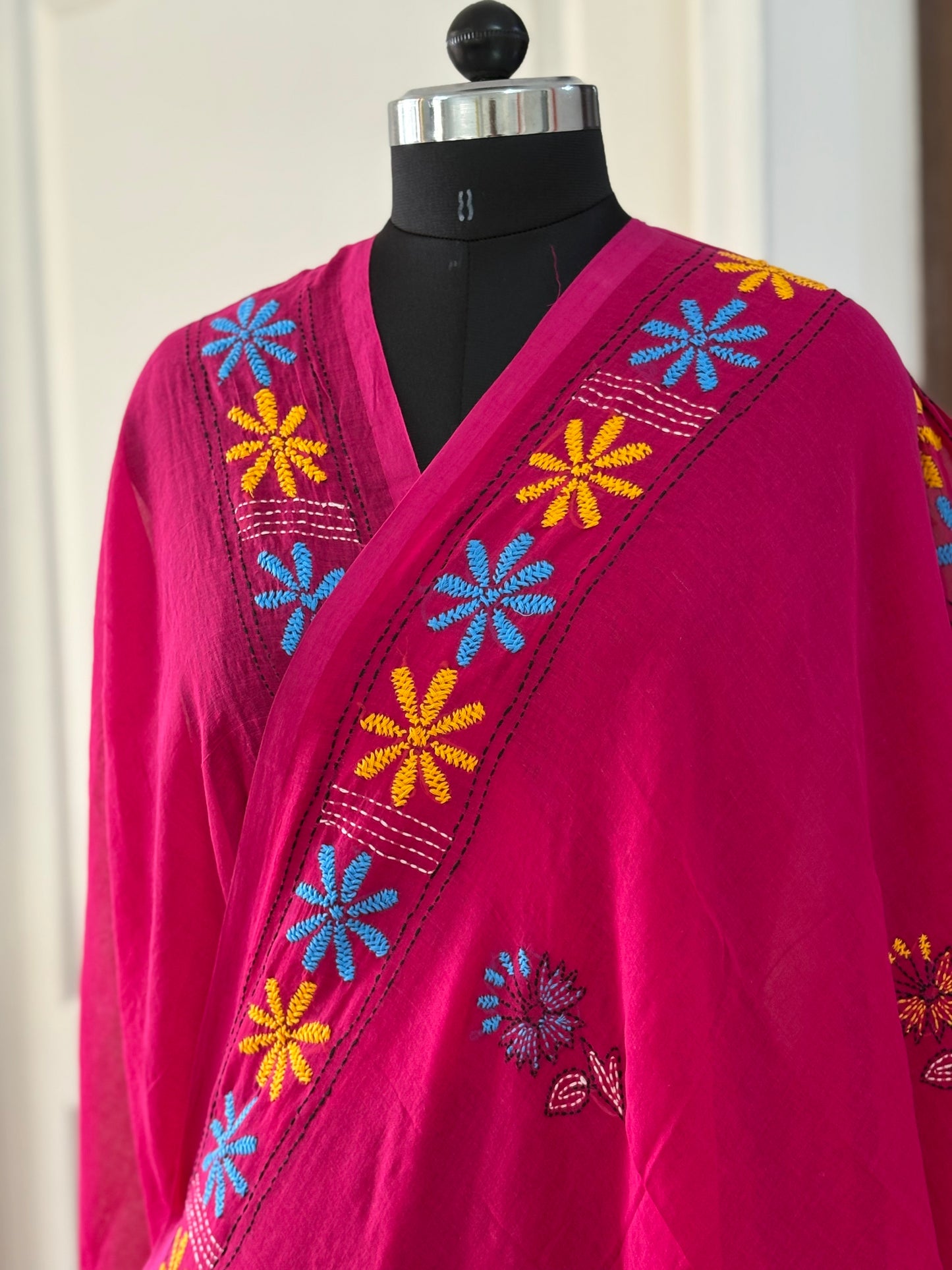 Kantha stitch Hand Embroidered Pure mul Cotton Saree