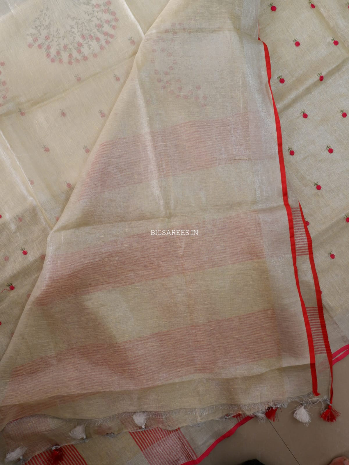 Tissue Linen Blend machine embroidered Saree | Pearl Cream