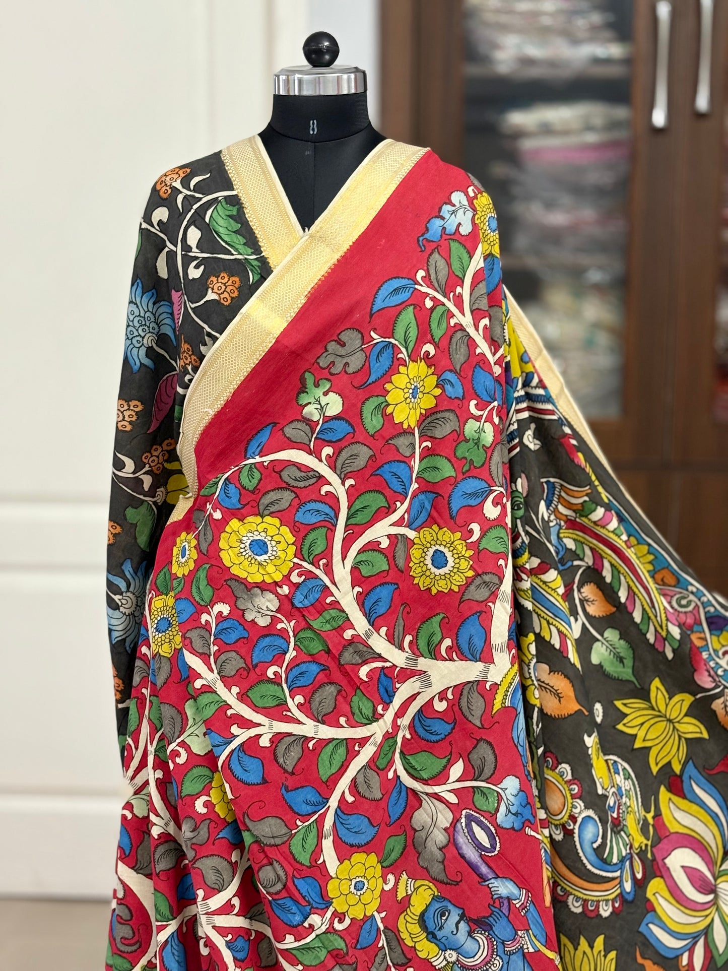 Pen Kalamkari hand painted pure cotton Saree with blouse
