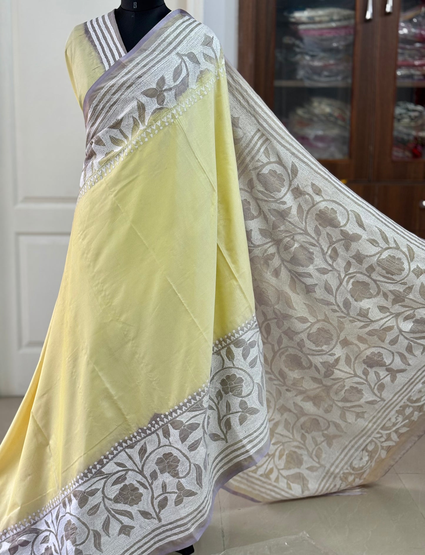 Reverse Kantha Hand Embroidered Blended Banglore Silk/Art Silk Saree With Blouse