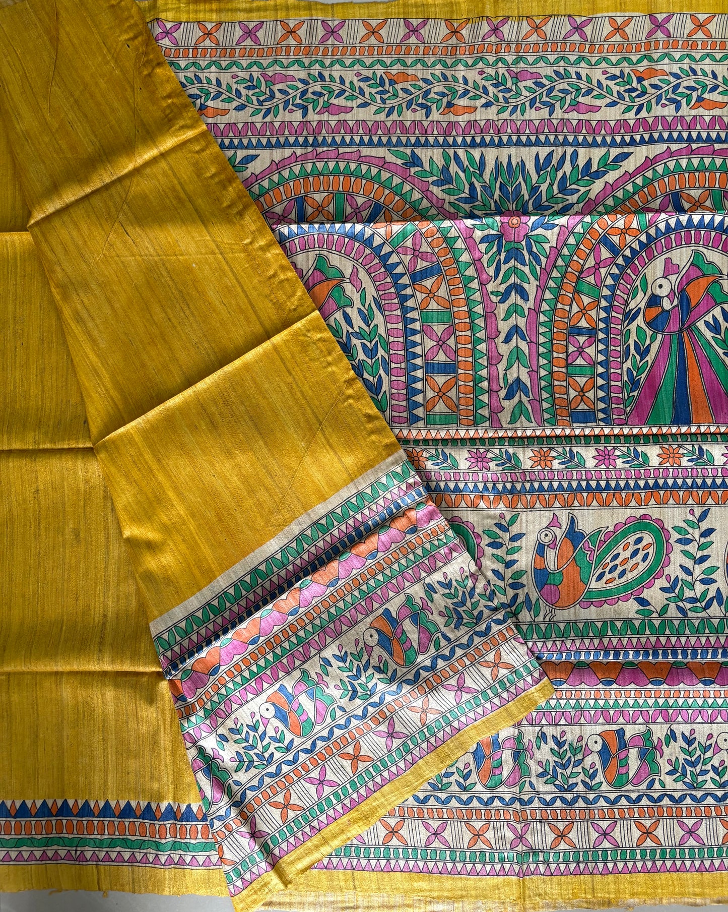 Pure Tussar Ghicha Silk Handcrafted Madhubani Half Saree (Silk Marked)