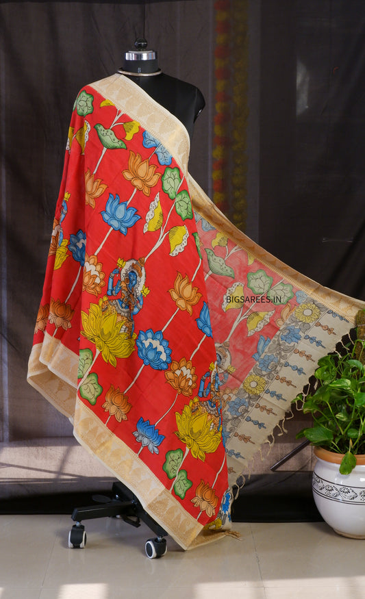 Pen Kalamkari Hand Painted Bangalore Silk Dupatta | Red | 36"