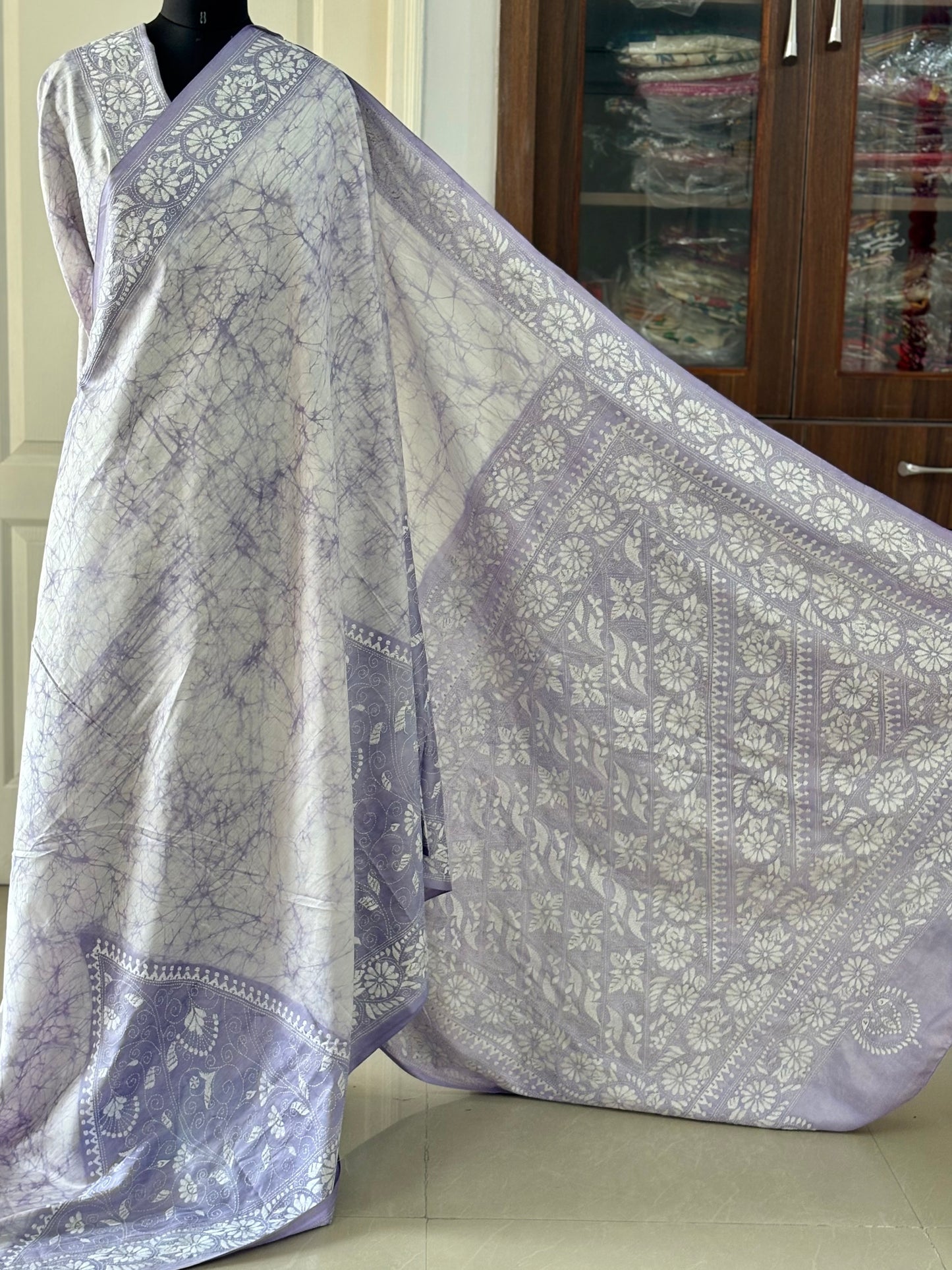 Hand Embroidered Kantha Stitch Saree in Artificial Silk