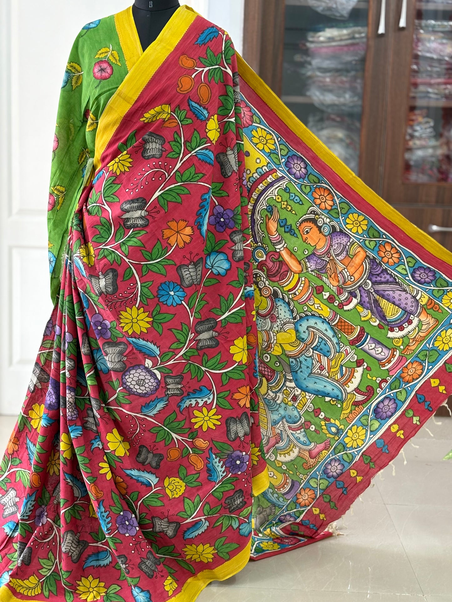 Pen Kalamkari hand painted pure cotton Saree with blouse