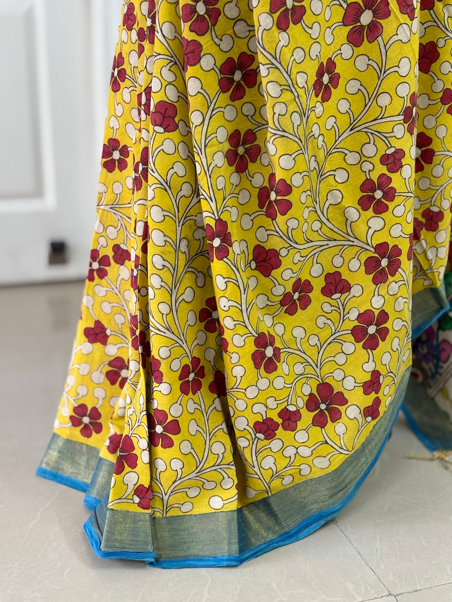 Pen Kalamkari hand painted pure cotton Saree with blouse
