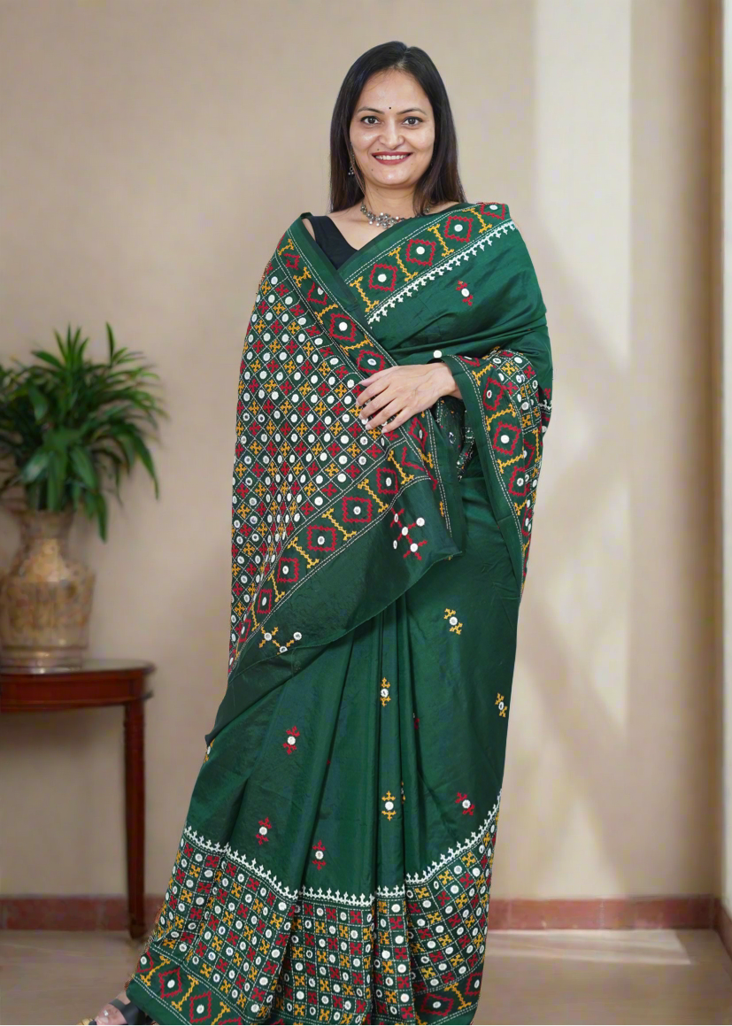 Kutch Hand Embroidered Pure Banglore Silk Saree