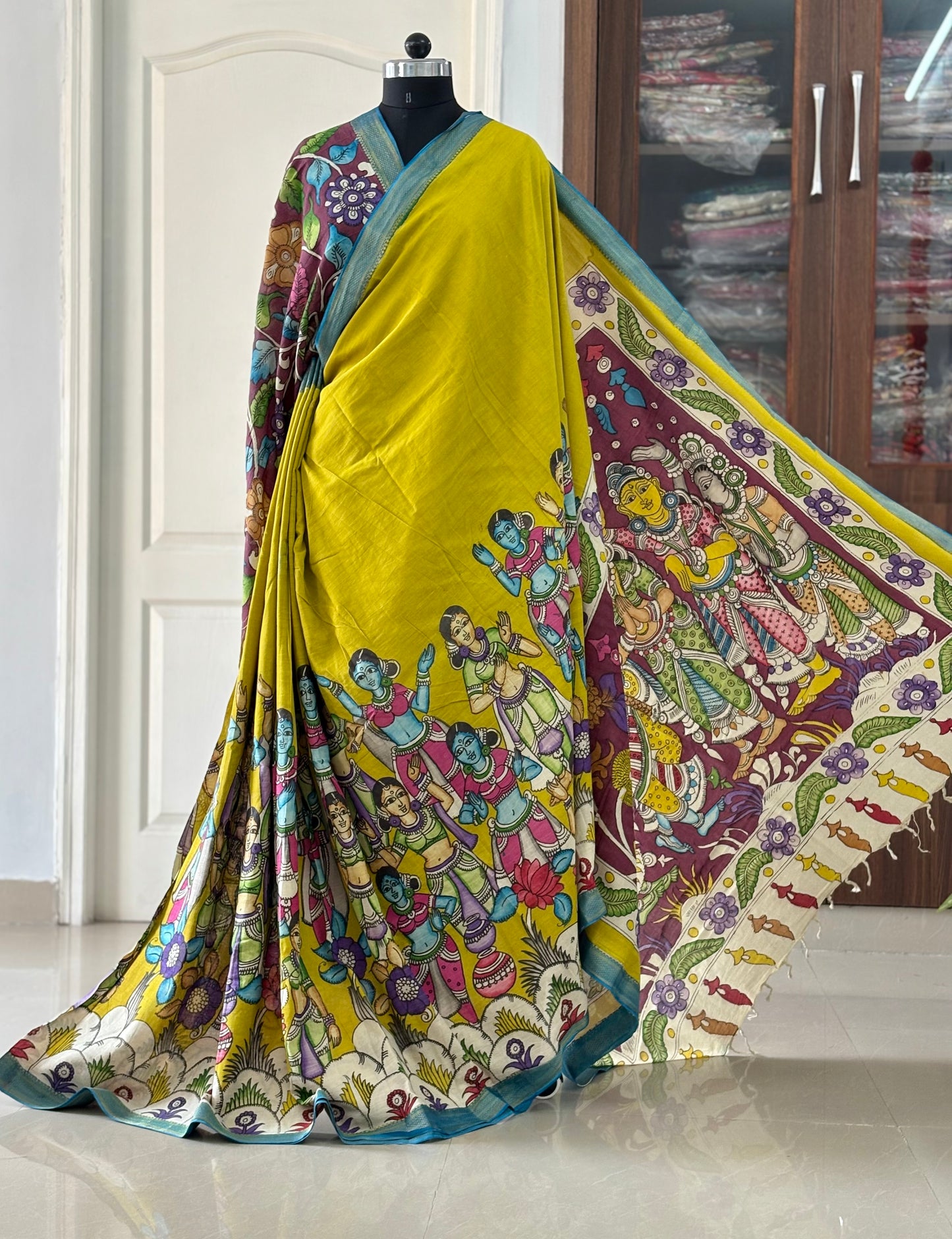 Pen Kalamkari hand painted pure cotton Saree with blouse