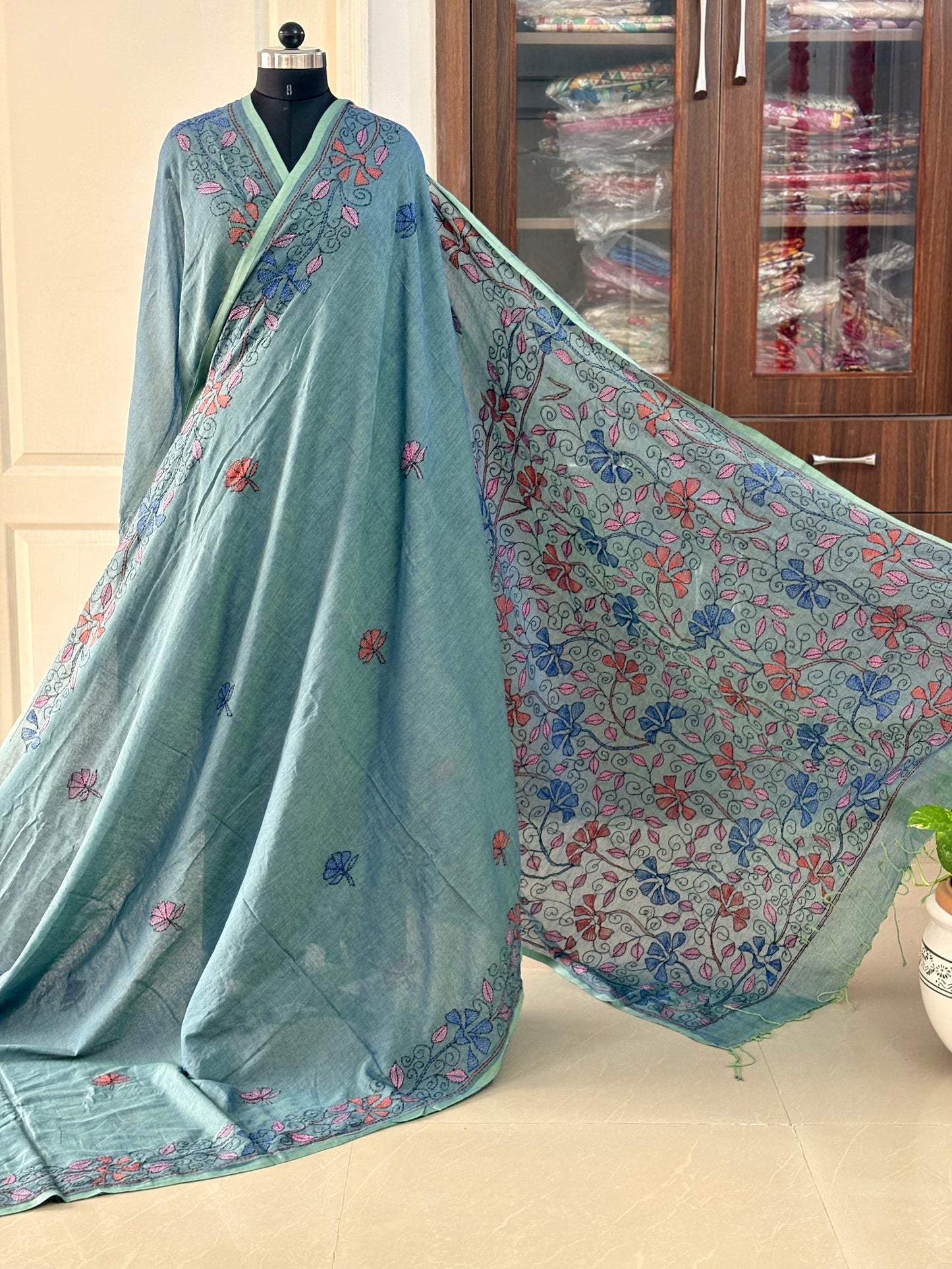 Kantha stitch Hand Embroidered Pure mul Cotton Saree