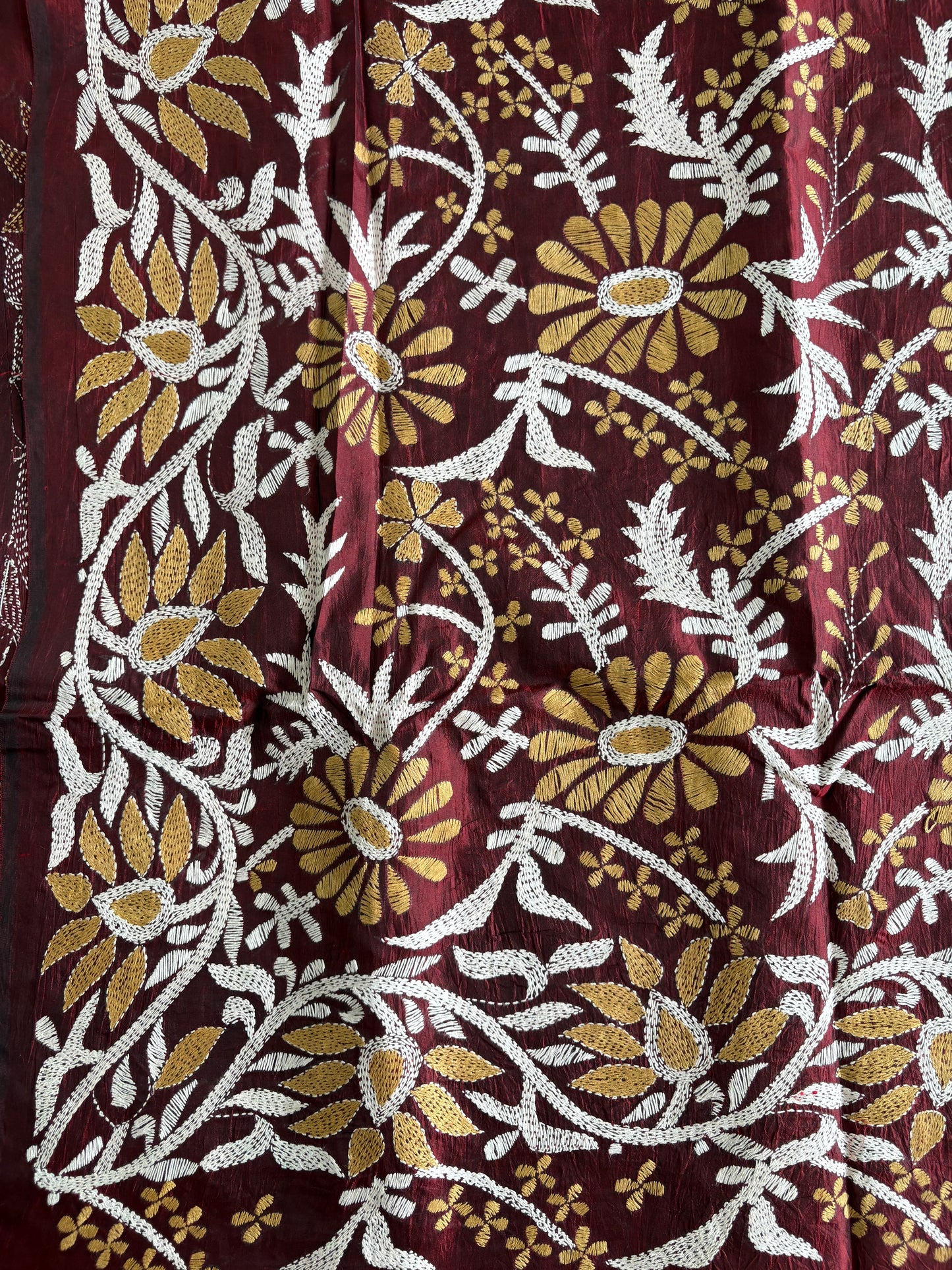 Maroon Kantha Stitch Hand Embroidered Pure Banglore Silk Saree