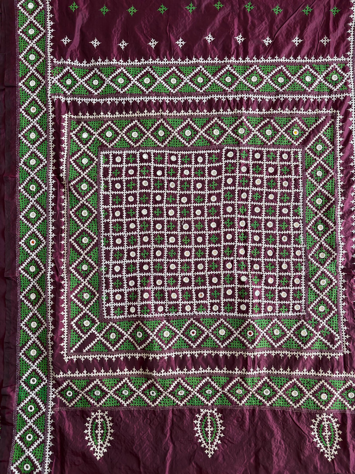 Real mirror work Gujrati Stitch/Kutch Hand Embroidered Art Silk Saree