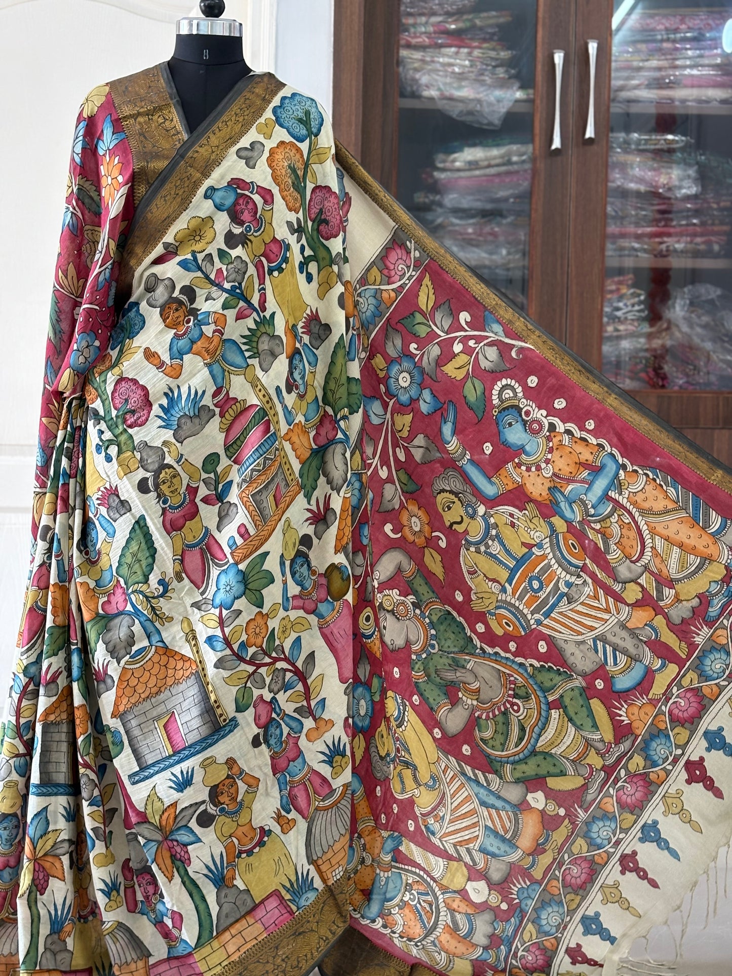 Pen Kalamkari hand painted pure cotton Saree with blouse