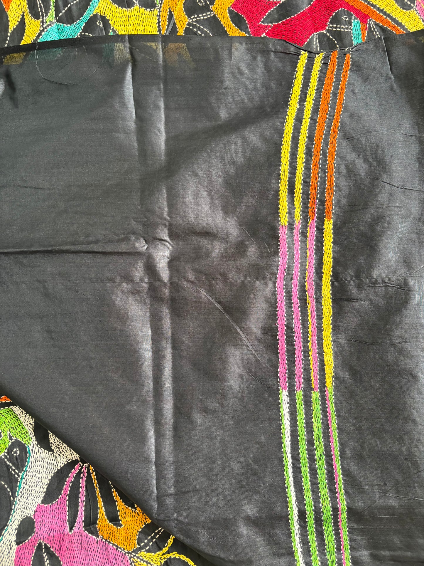 Reverse Kantha Stitch Hand Embroidered Art Silk Saree With Blouse