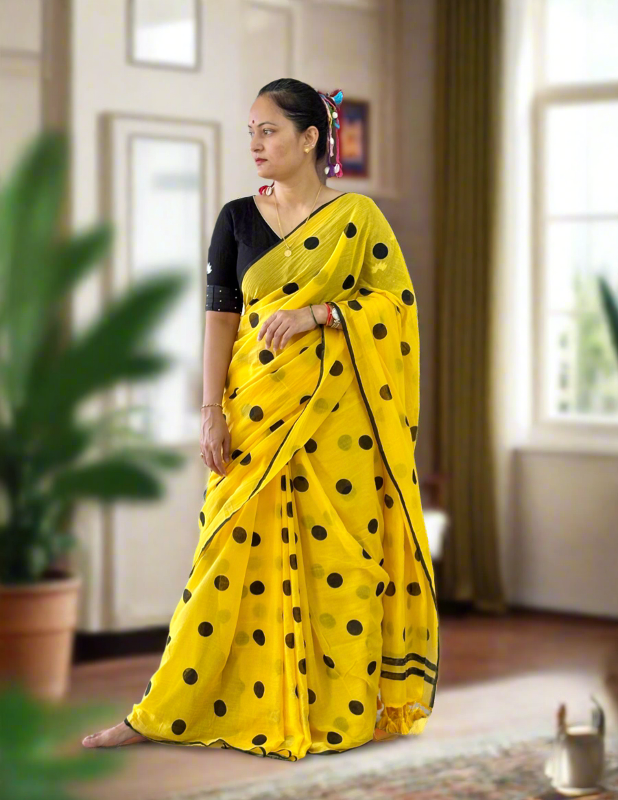 Mul Cotton polka dots Saree - Yellow