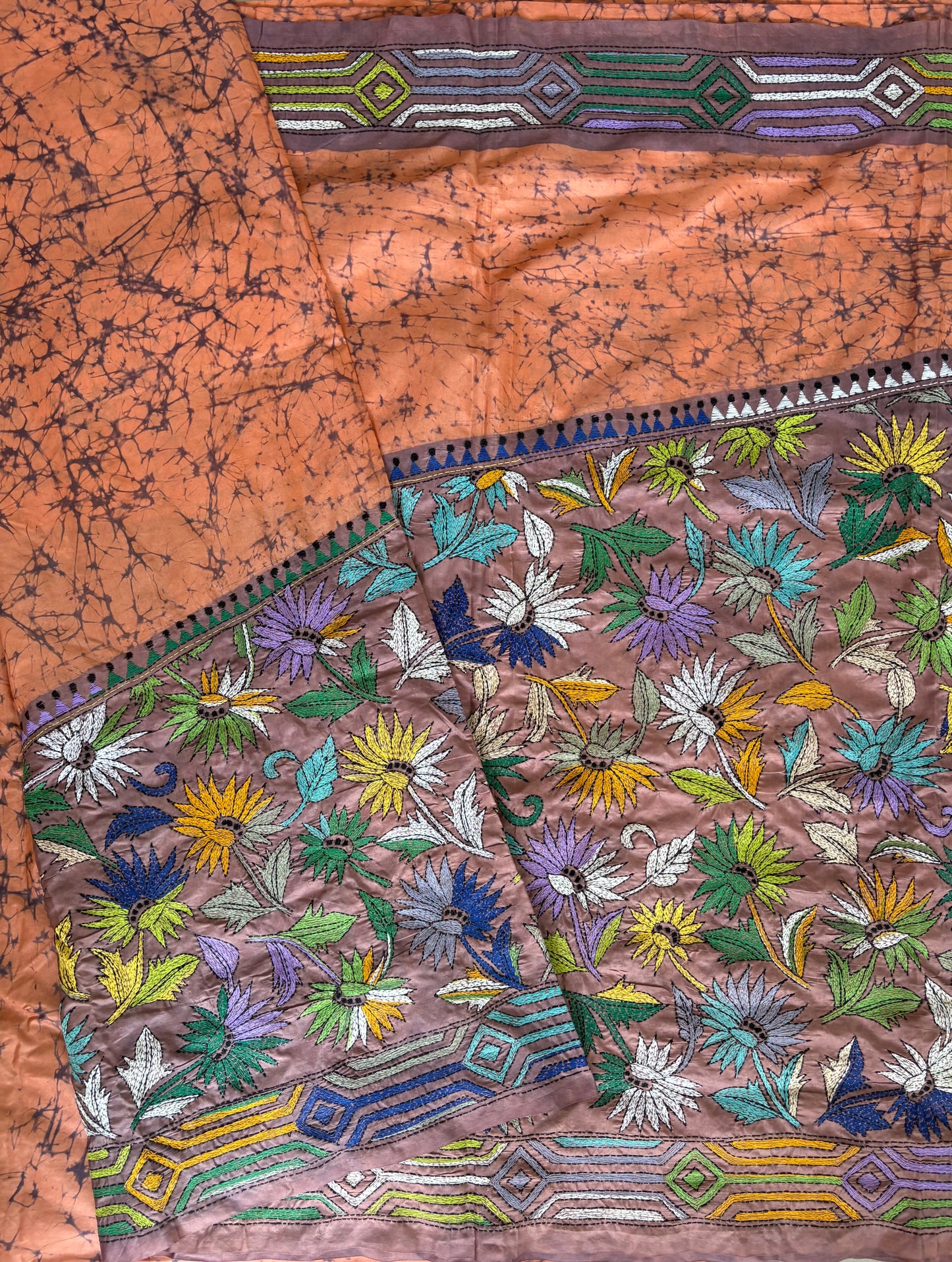 Kantha Hand Embroidered Hand Batik Art Silk Saree With Blouse