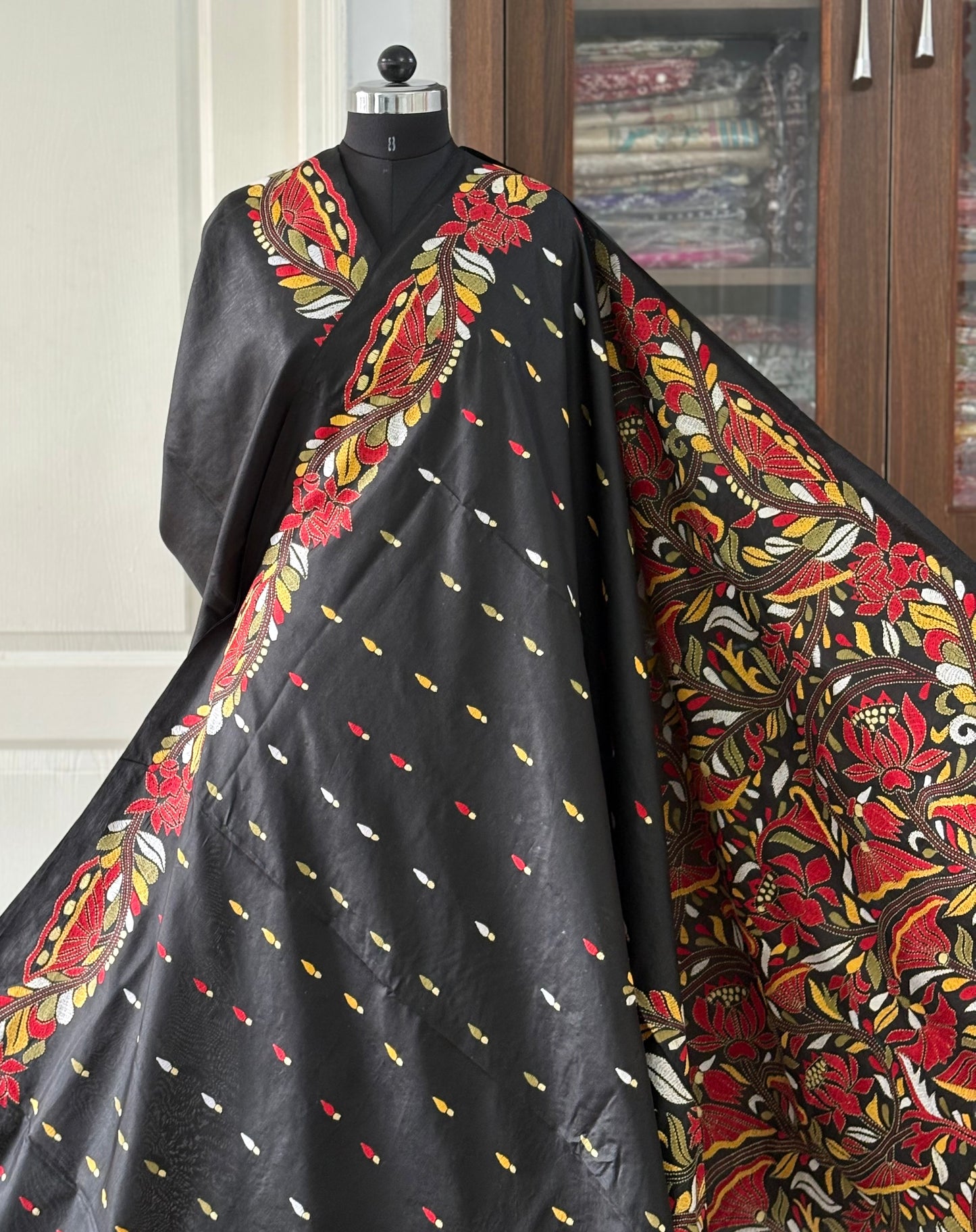 Black Kantha Stitch Hand Embroidered Pure Banglore Silk Saree (Silk Marked)