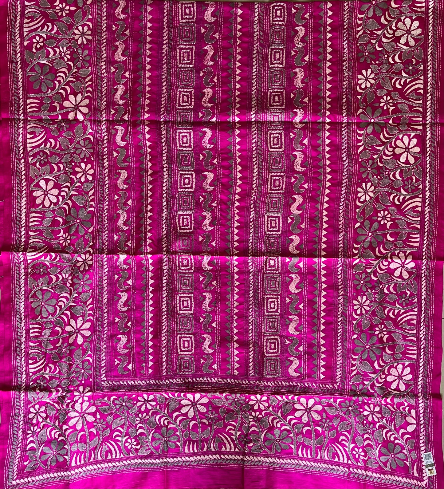 Rani Pink Kantha Stitch Hand Embroidary Full Work Pure Banglore Silk Dupatta. (With Silk Mark)