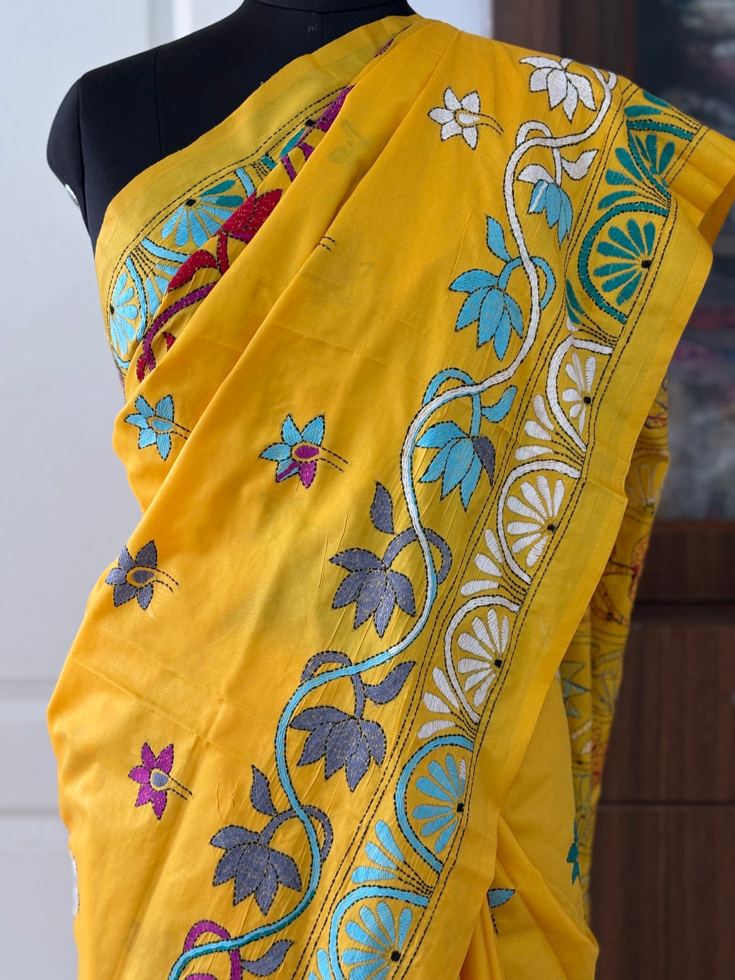 Kantha Hand Embroidered Blended Banglore Silk/Art Silk Saree With Blouse