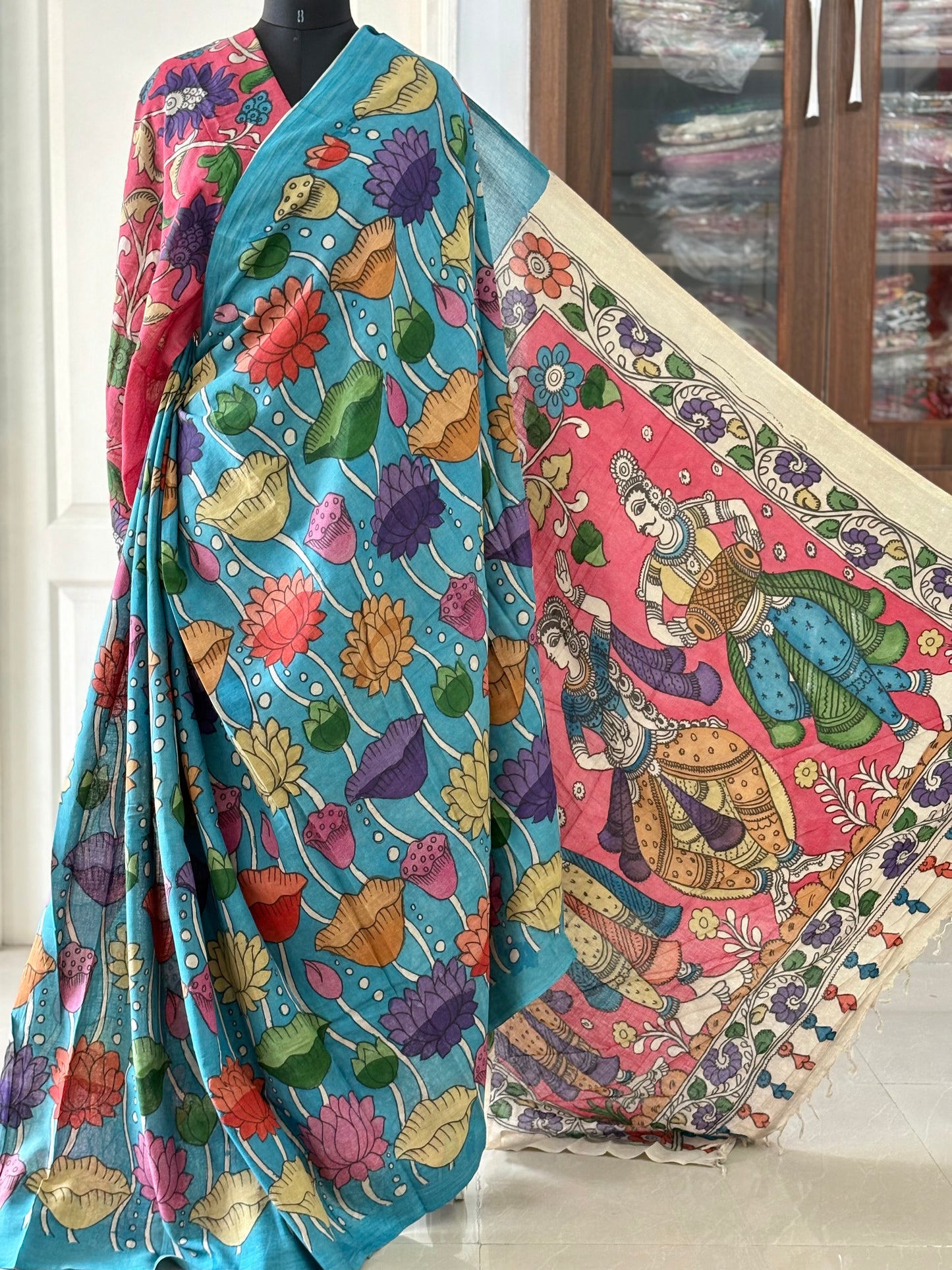 Pen Kalamkari hand painted pure cotton Saree with blouse