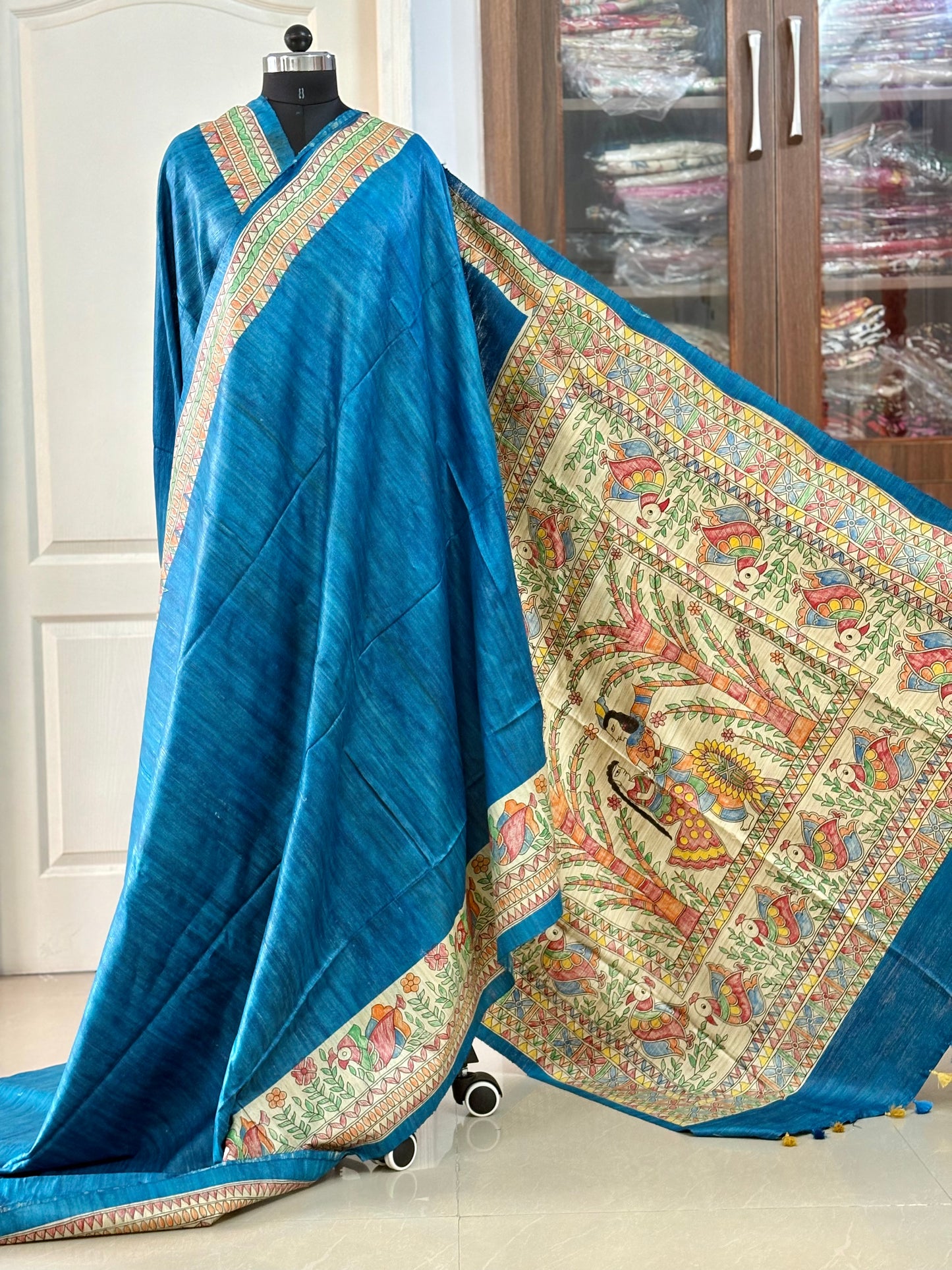 Pure Tussar Ghicha Silk Handcrafted Madhubani Saree (Silk Marked)