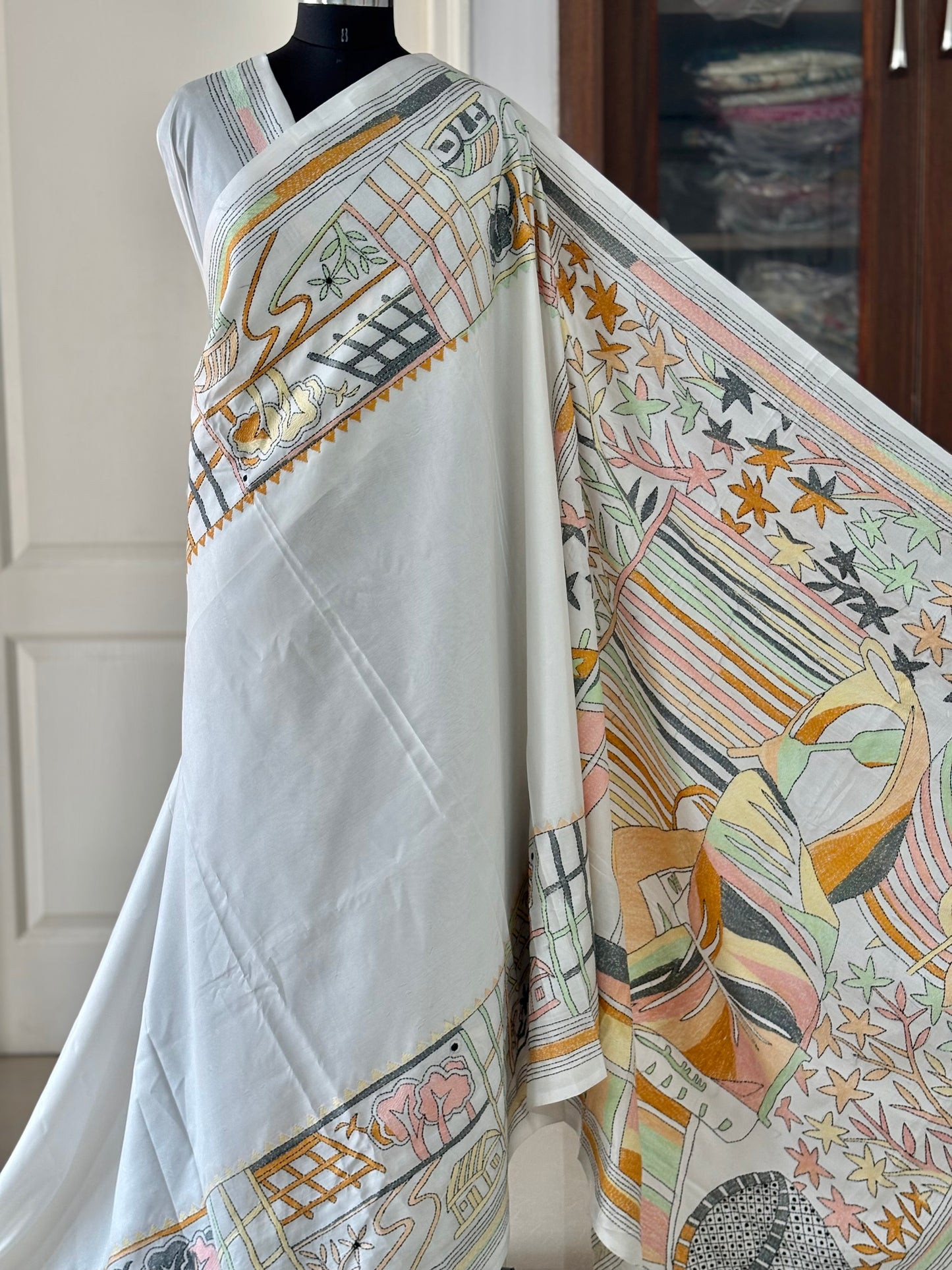 Off White Hand Embroidered Kantha Stitch Saree in Artificial Silk