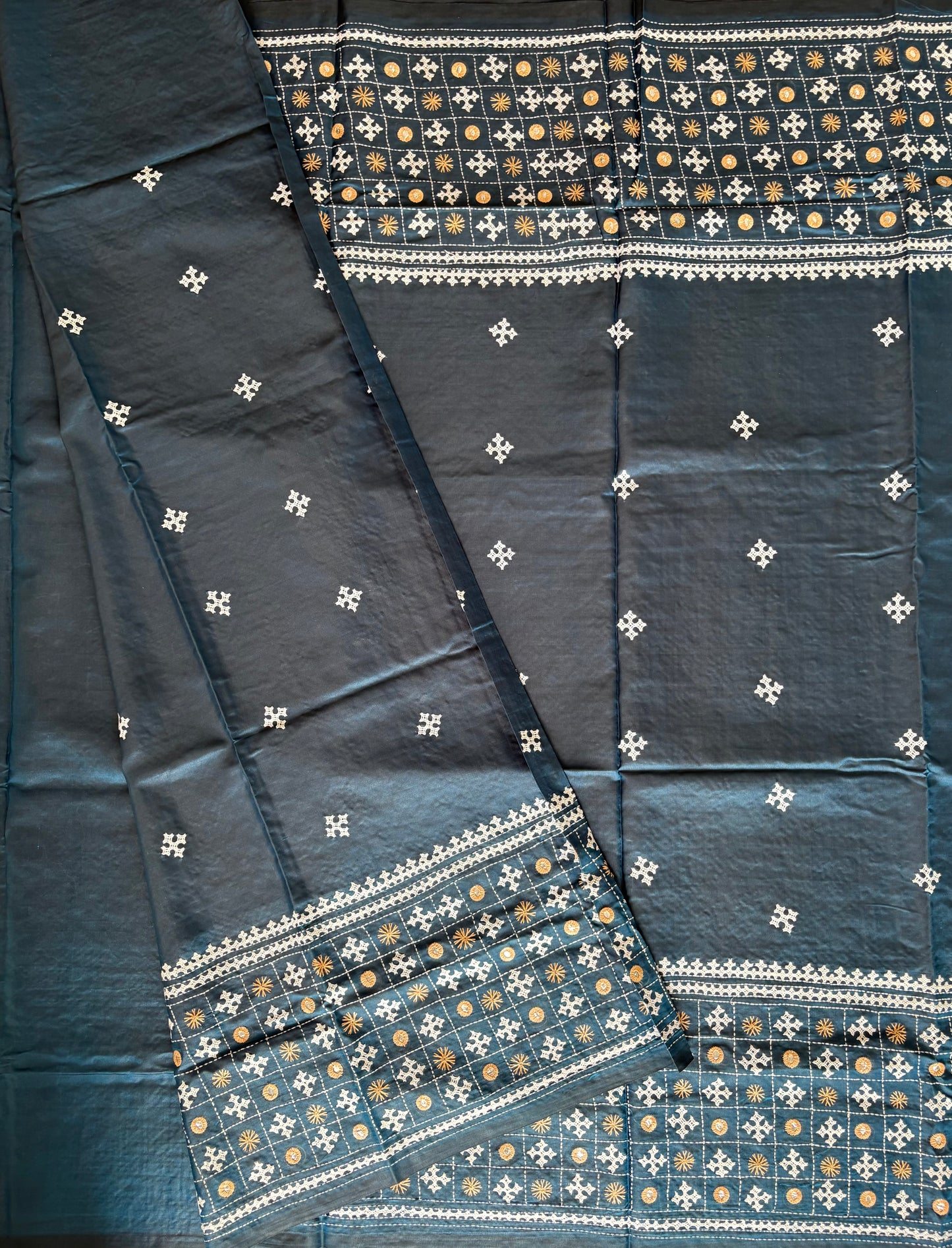 Gujrati Stitch/Kutch Hand Embroidered Art Silk Saree