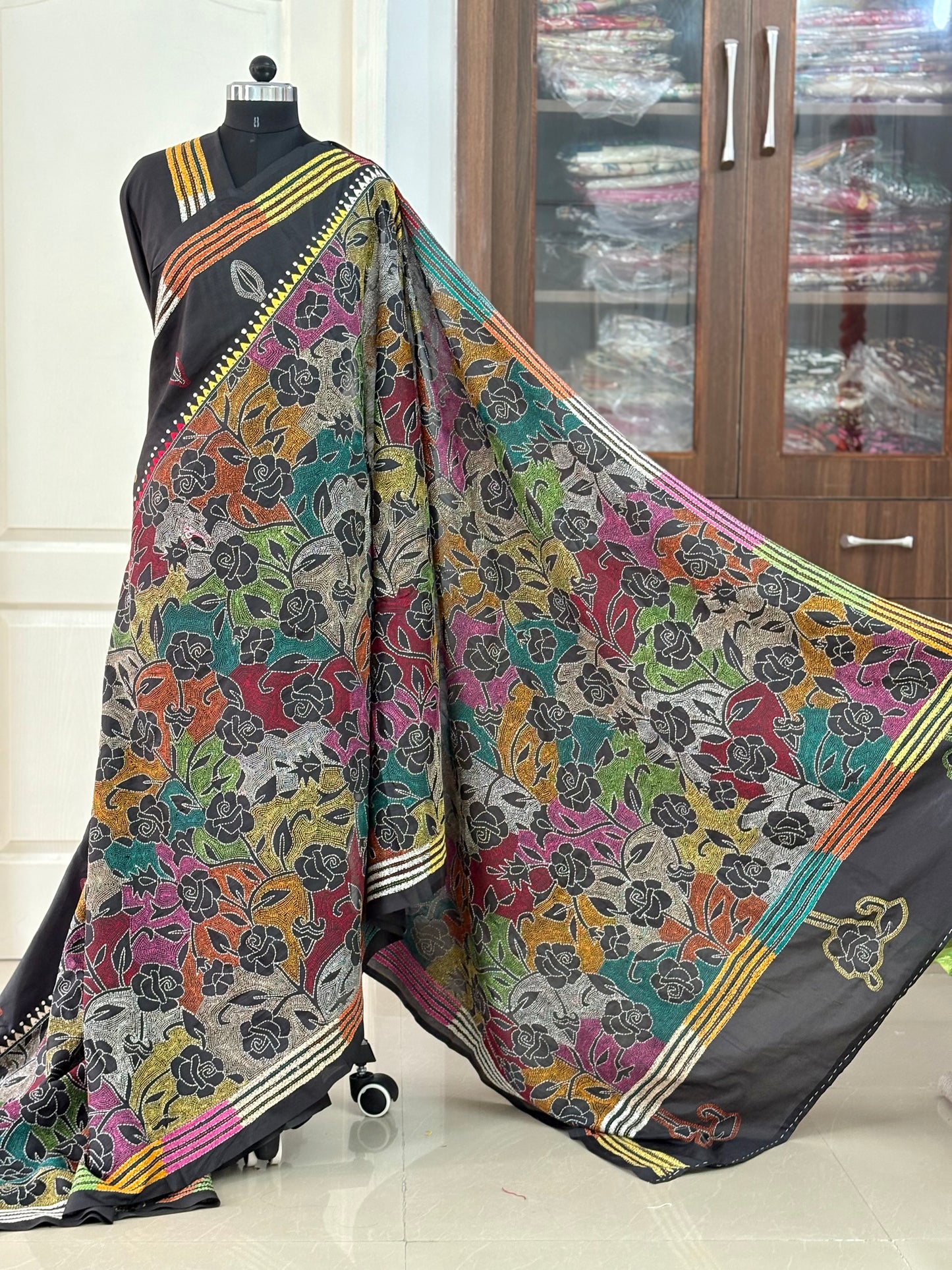 Kantha Stitch Hand Work Embroidered Art Silk Saree With Blouse
