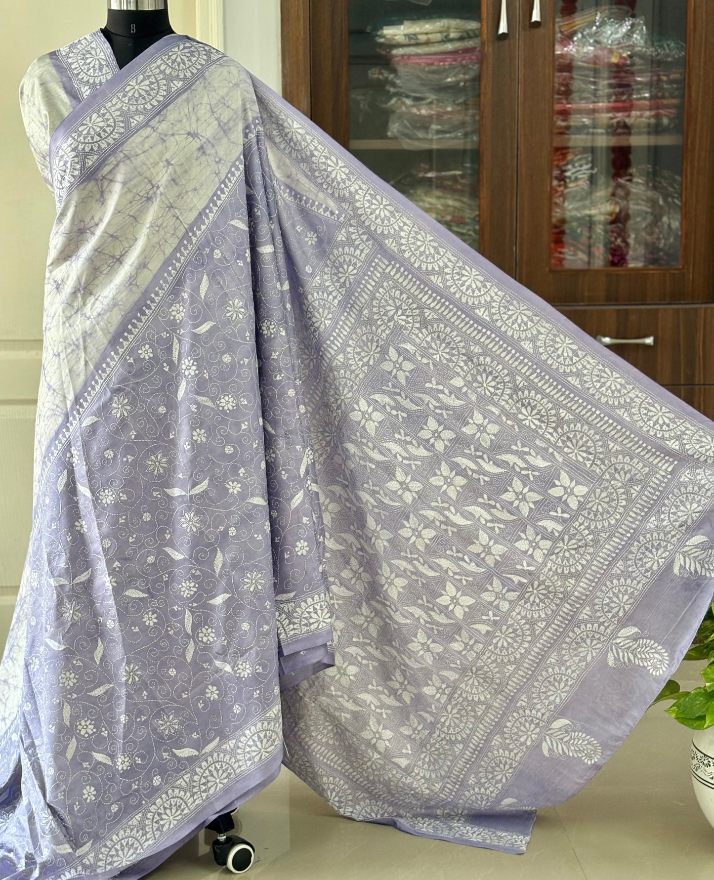 Kantha Stitch Hand Work Embroidered Art Silk Saree With Blouse