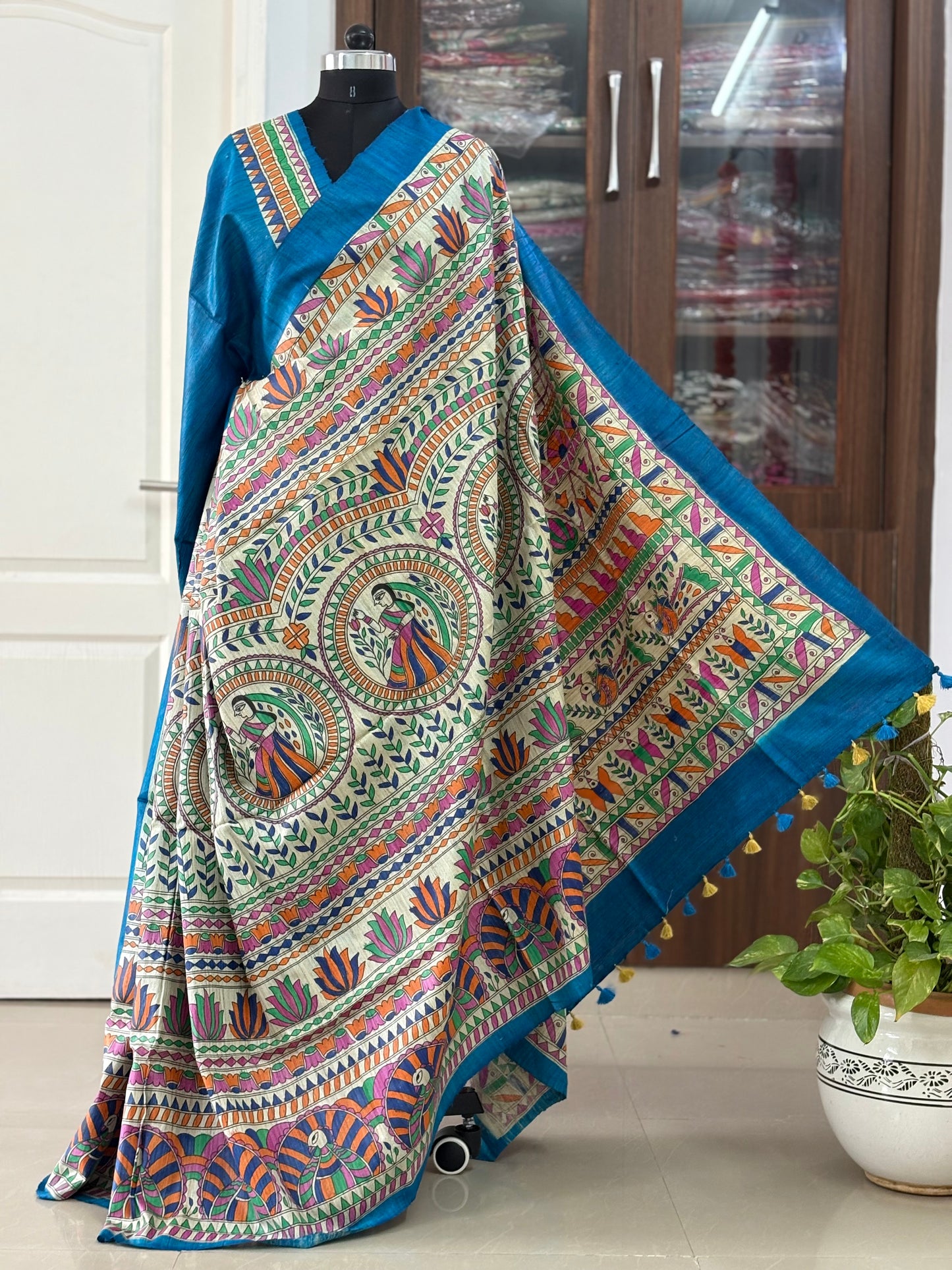 Pure Tussar Ghicha Silk Handcrafted Madhubani Half Saree (Silk Marked)