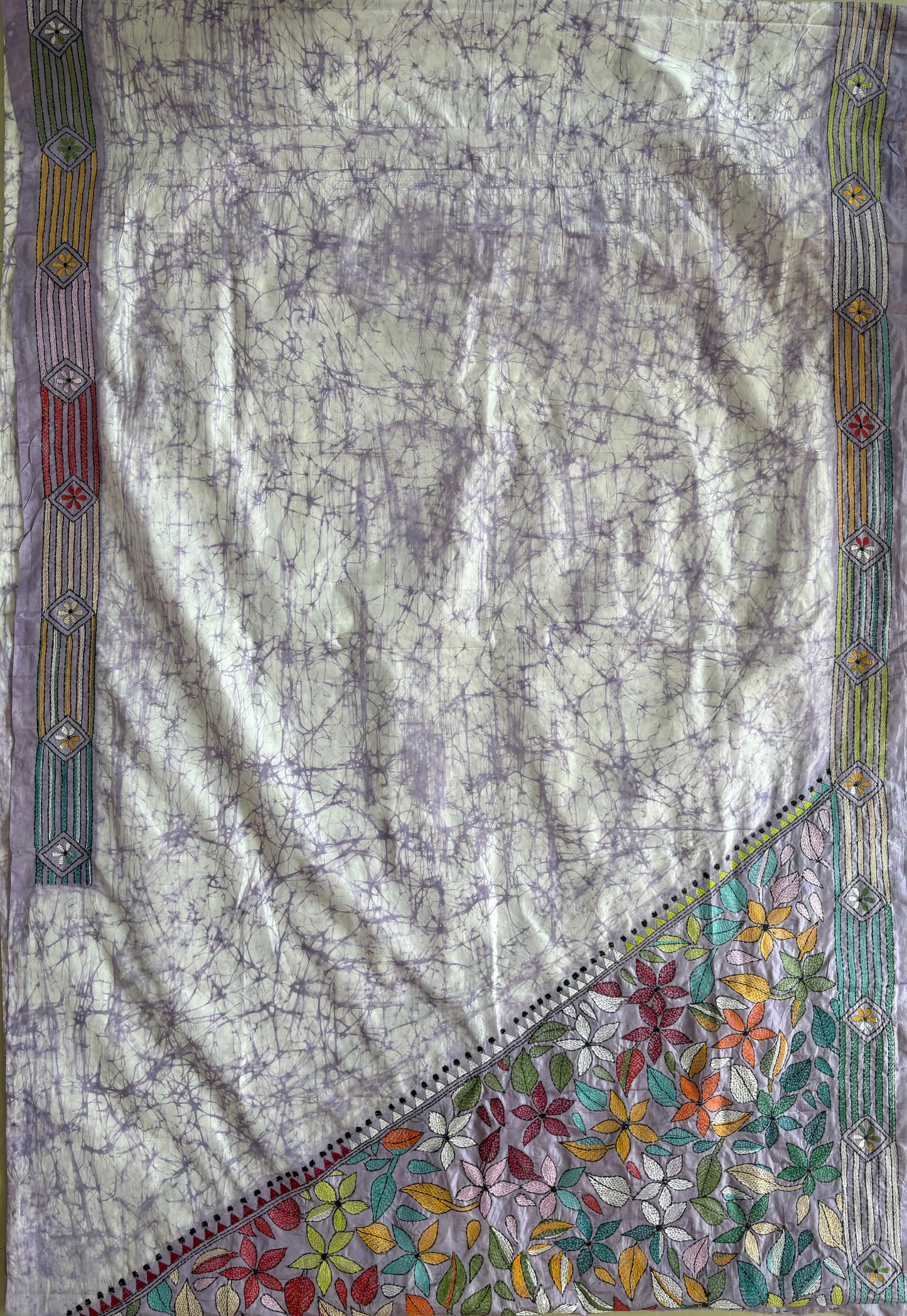 Kantha Hand Embroidered Hand Batik Art Silk Saree With Blouse