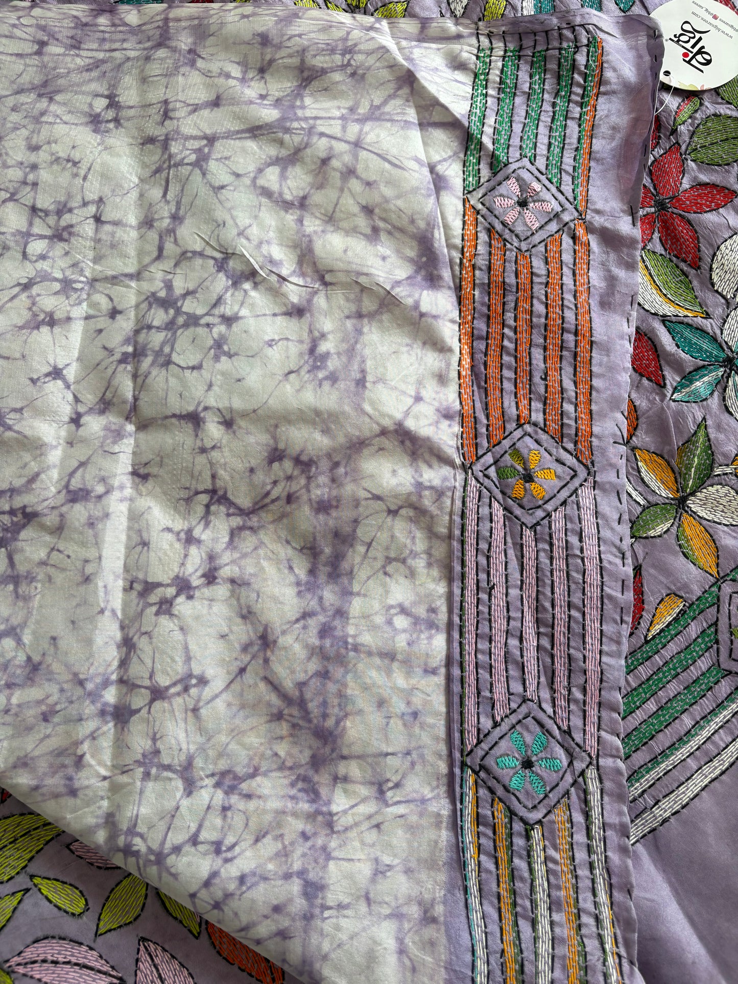 Kantha Hand Embroidered Hand Batik Art Silk Saree With Blouse