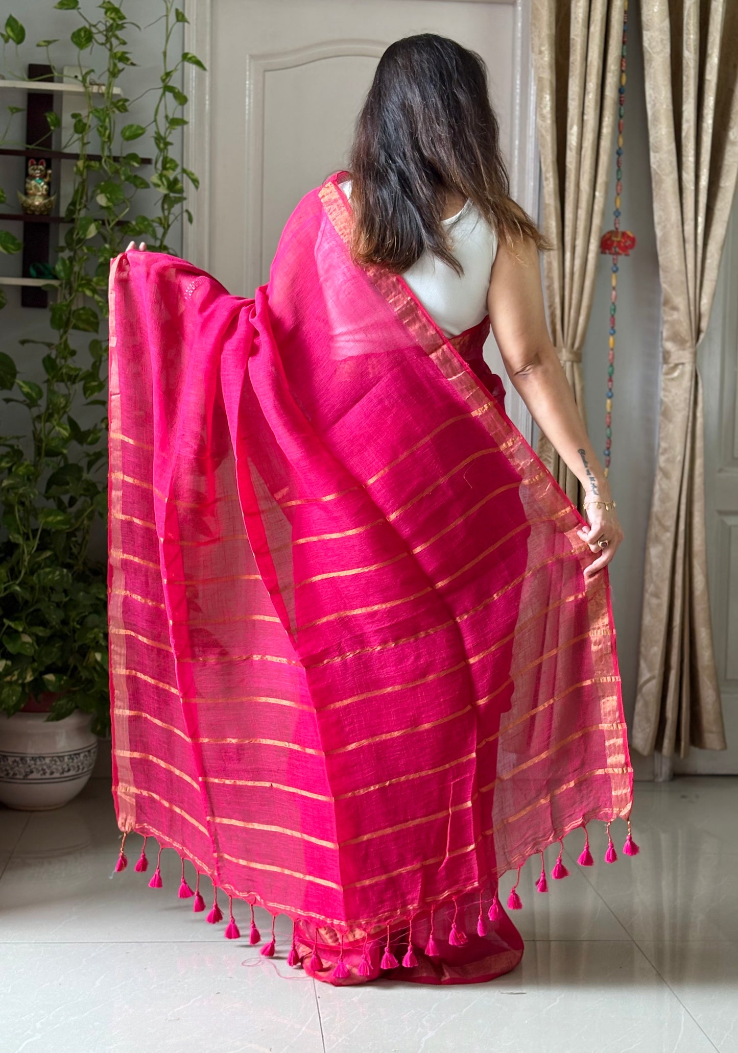 Linen By Linen Saree With Blouse - Rose Pink