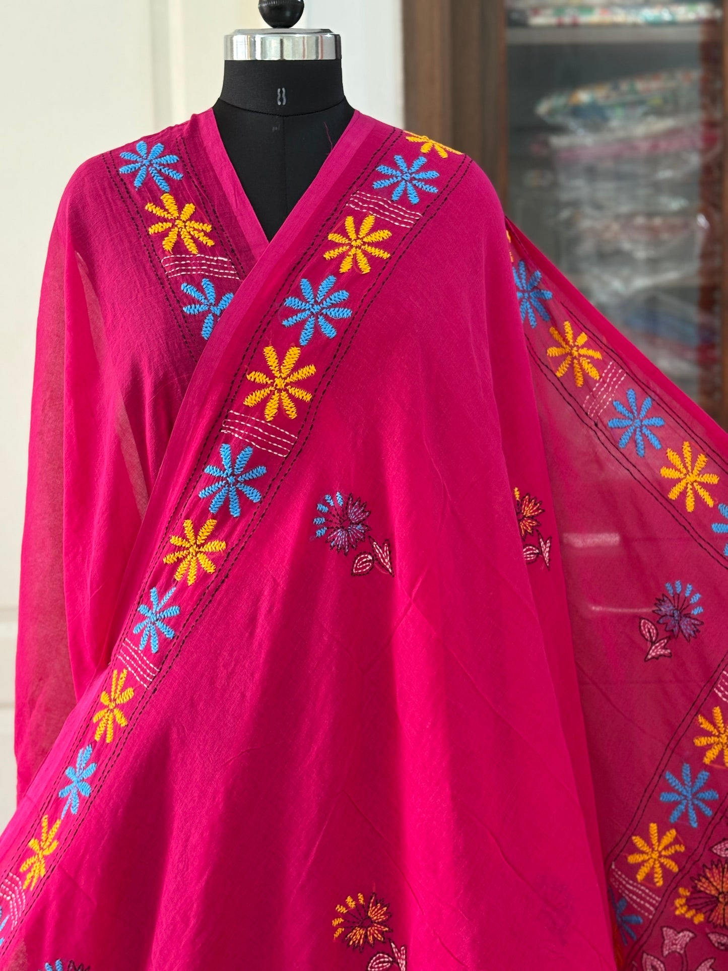 Kantha stitch Hand Embroidered Pure mul Cotton Saree