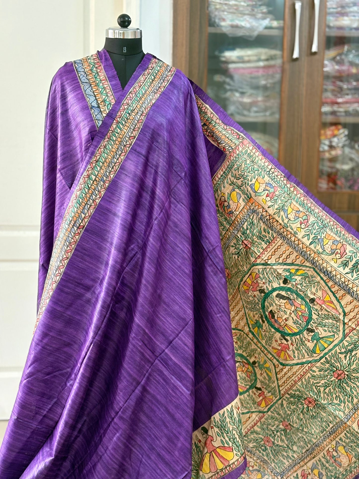 Pure Tussar Ghicha Silk Handcrafted Madhubani Saree (Silk Marked)