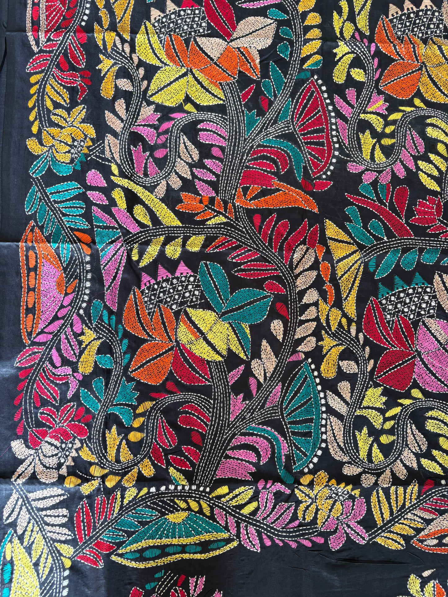 Kantha Stitch Hand Embroidered Art Silk Saree With Blouse