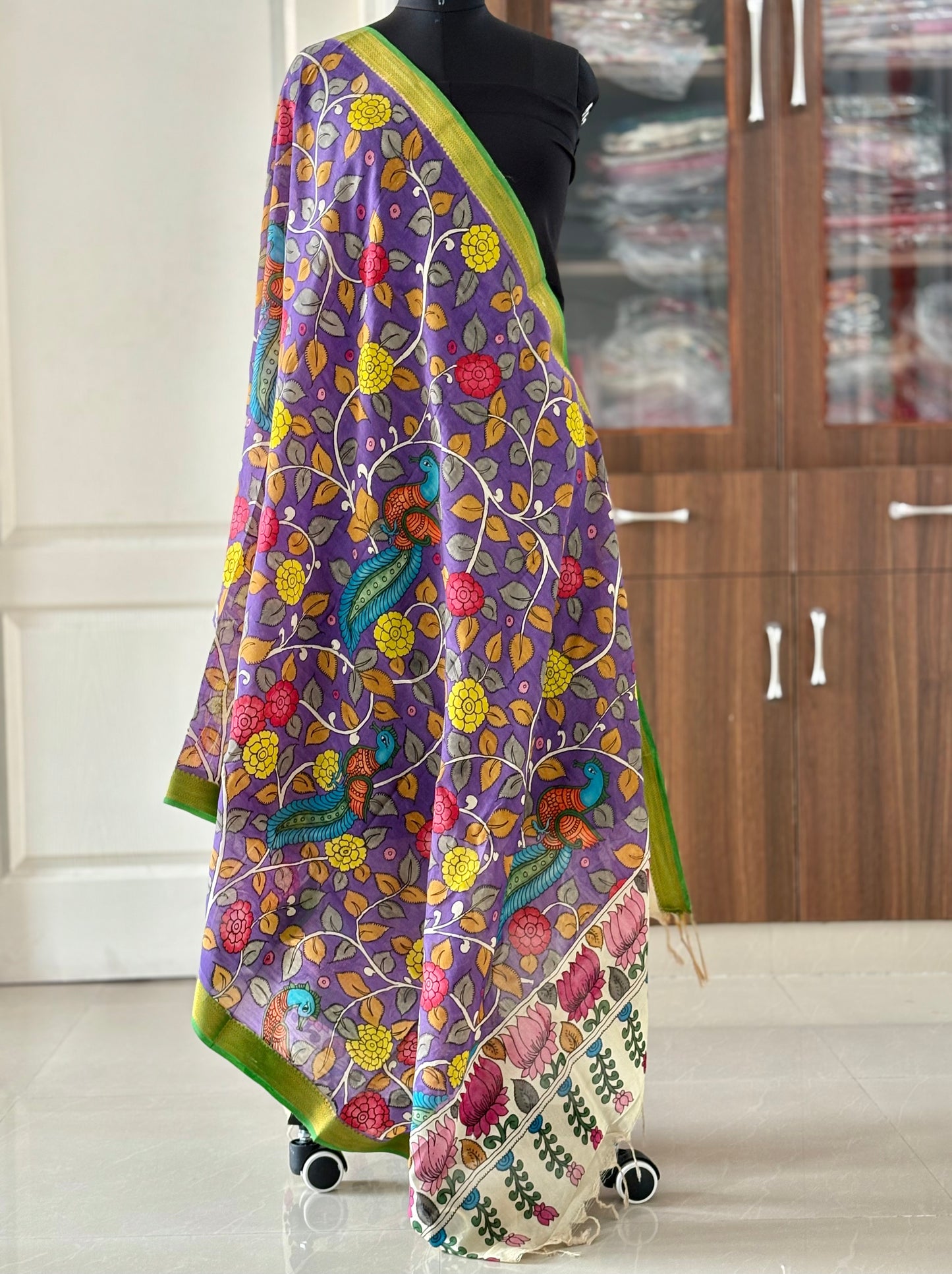 Pen Kalamkari hand painted Banglore Silk Dupatta