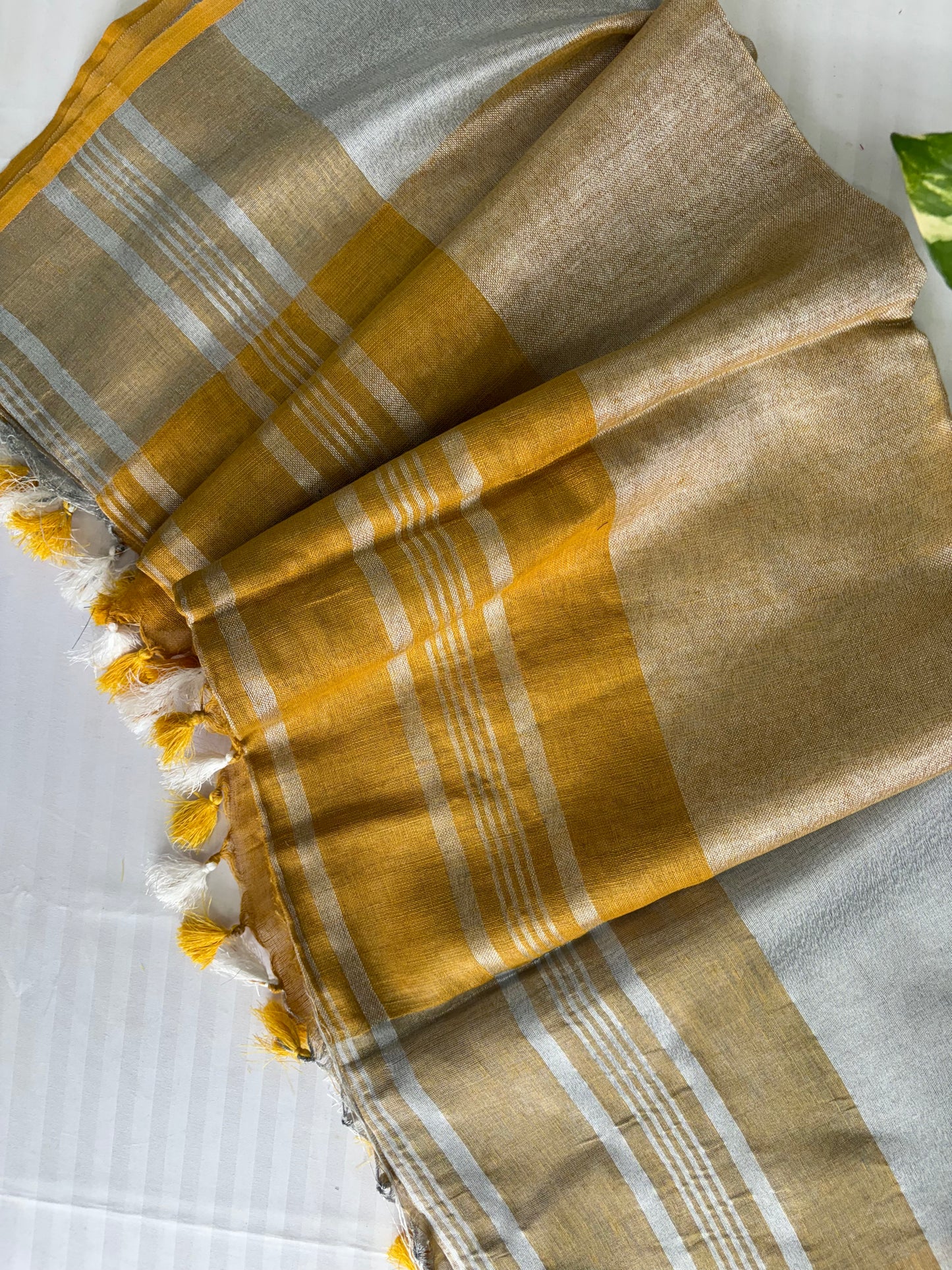 Mustard silver pure Linen By Linen Saree With running Blouse