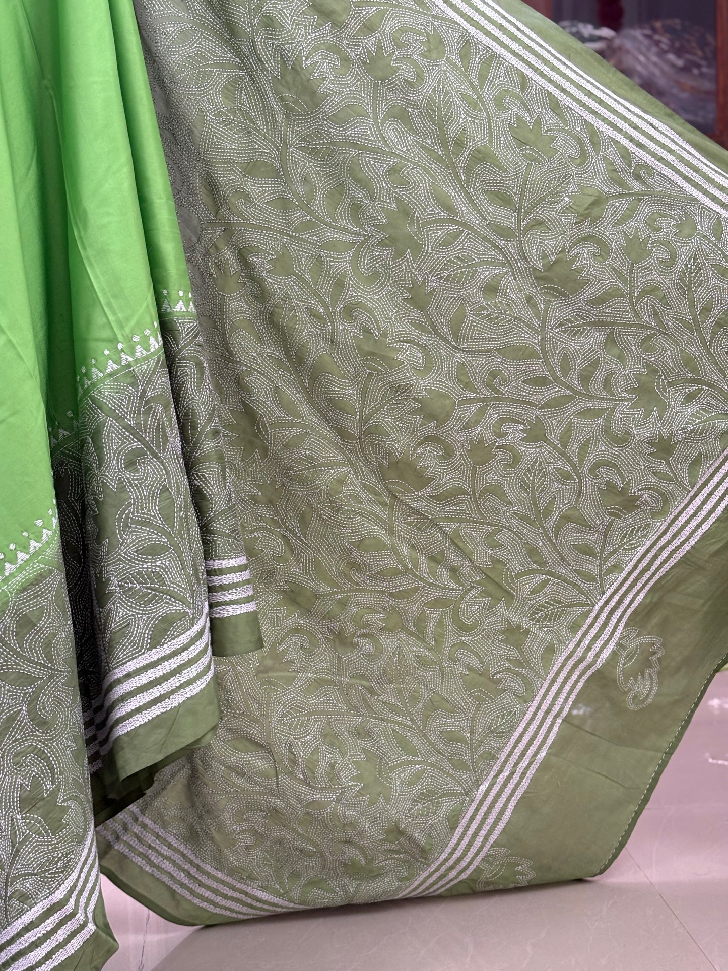 Kantha Hand Work Embroidered Art Silk Saree With Blouse