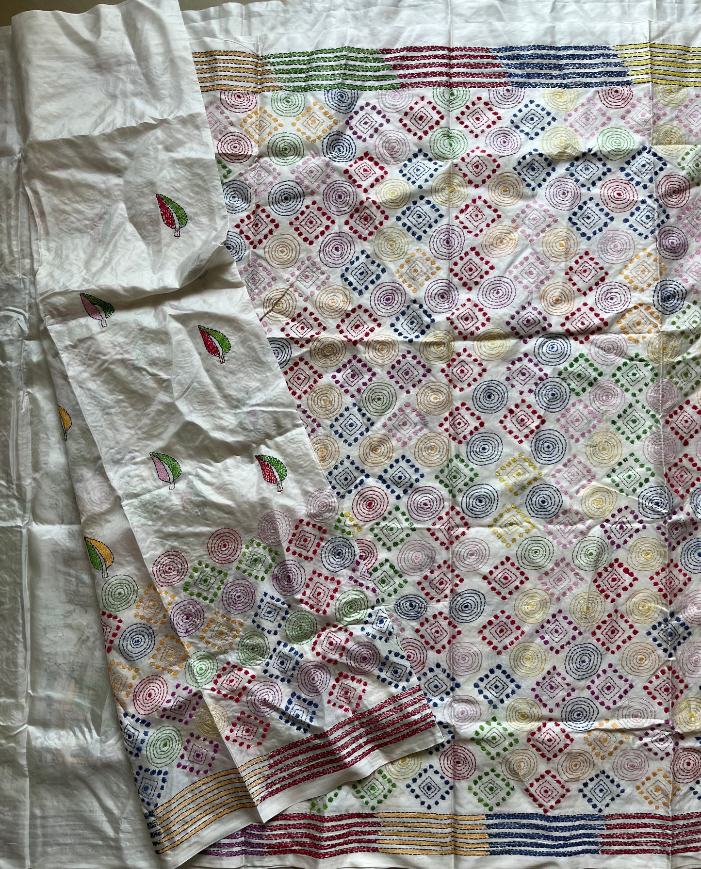 Off white hand embroidered Kantha stitch Saree in Art silk