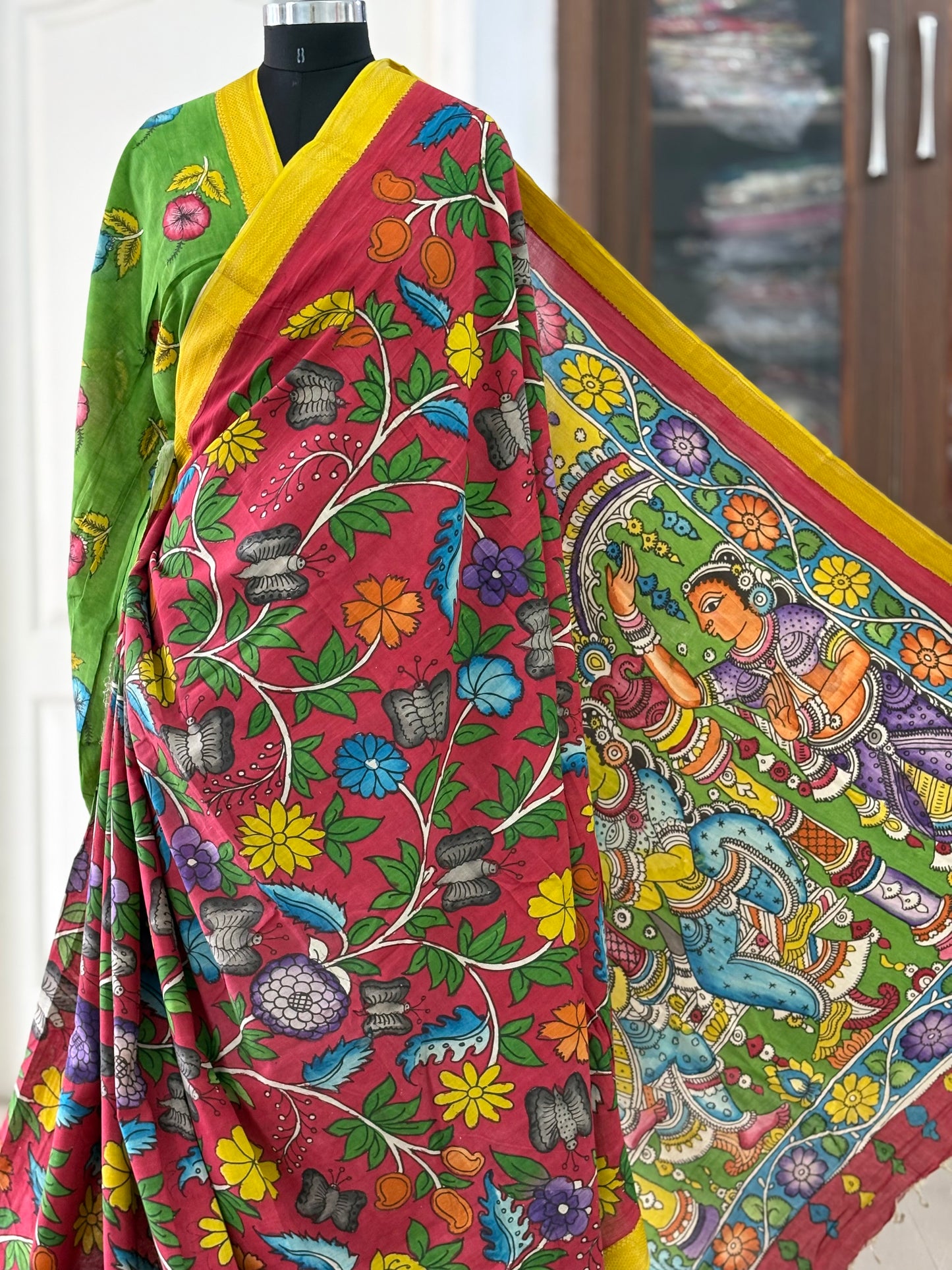 Pen Kalamkari hand painted pure cotton Saree with blouse