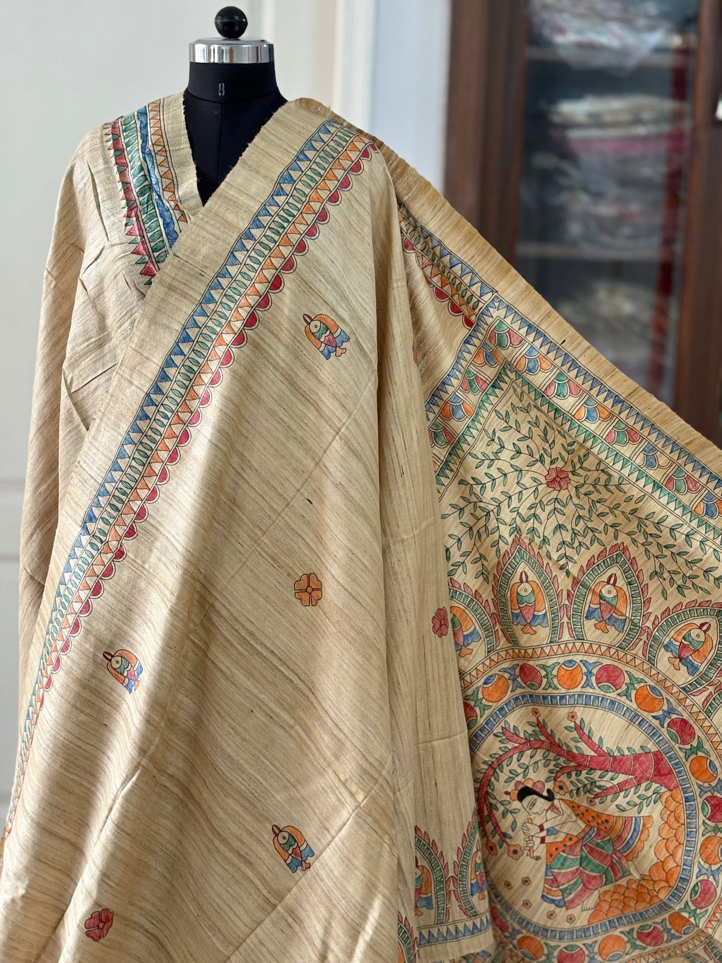 Pure Tussar Ghicha Silk Handcrafted Madhubani Saree (Silk Marked)
