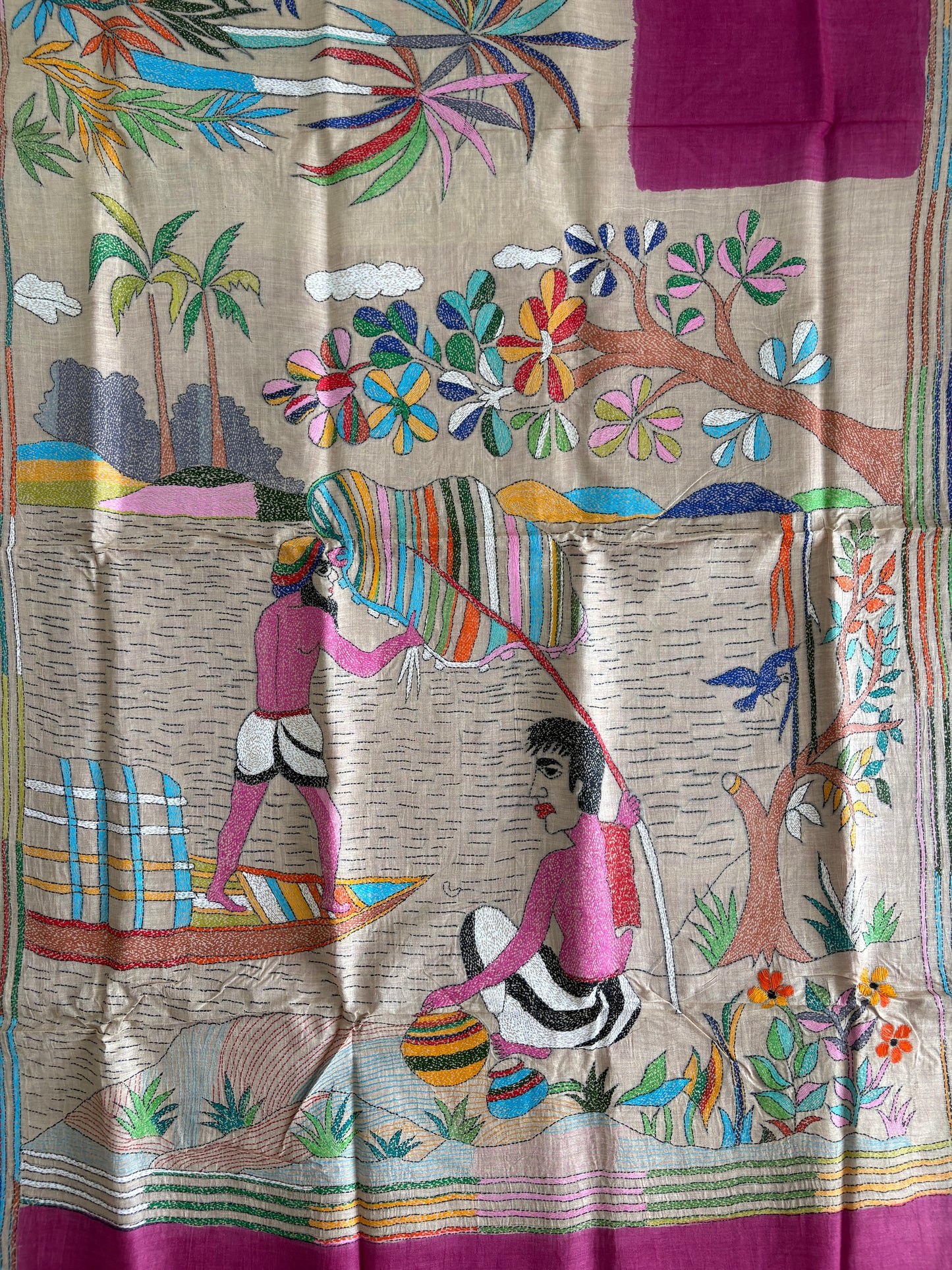 Kantha Stitch Hand Embroidered Pure Gachi by Gachi Tassar Silk Saree (Silk Marked)