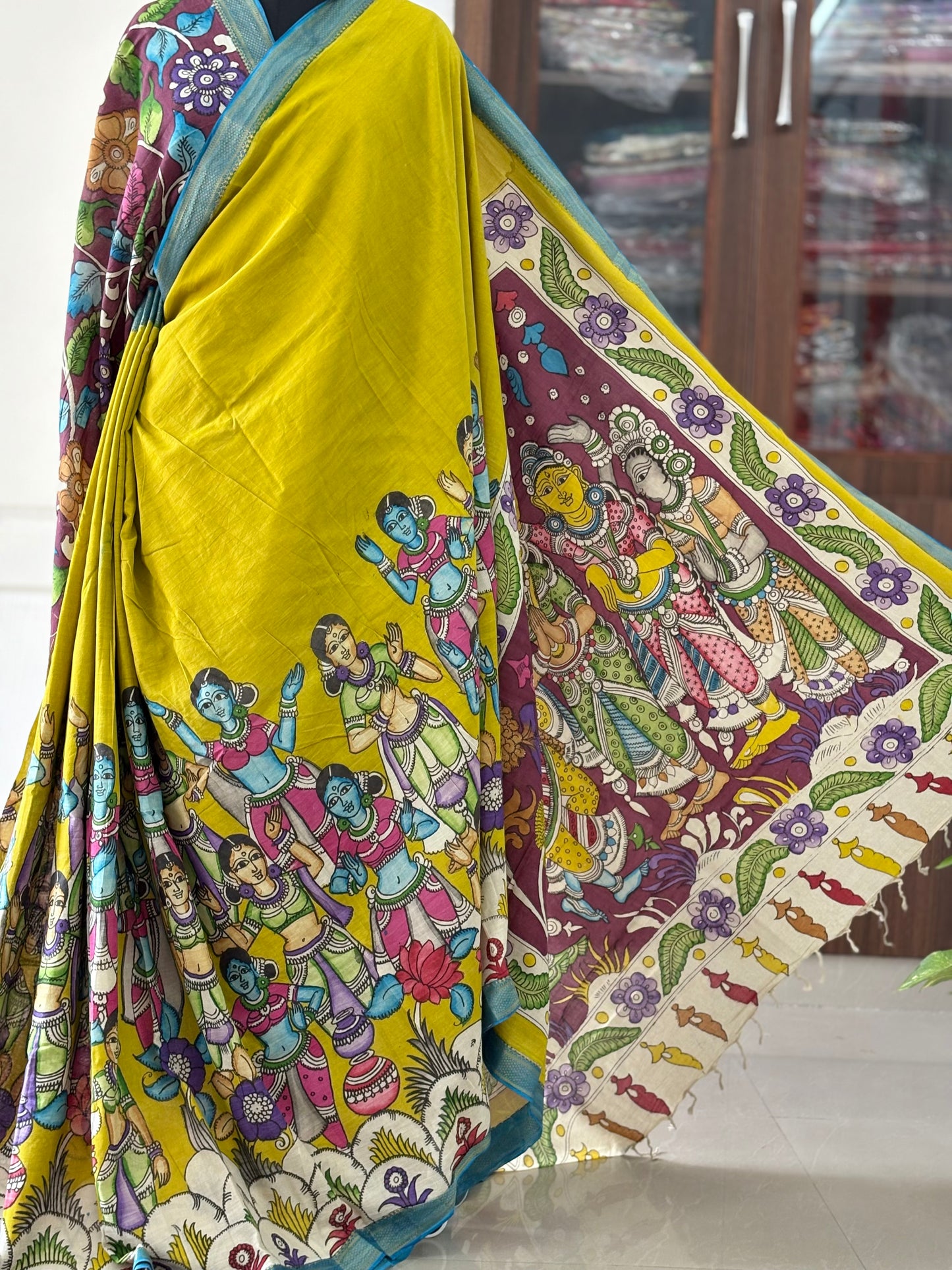Pen Kalamkari hand painted pure cotton Saree with blouse