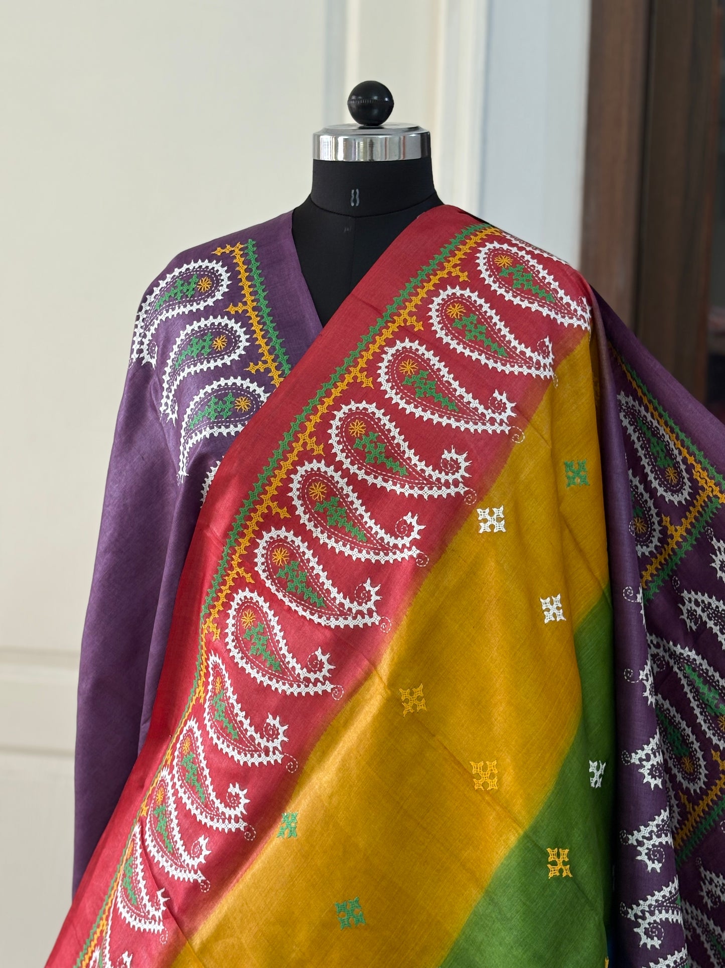 Kutch work/Gujrati stitch Hand Embroidered Pure Tassar Silk Saree