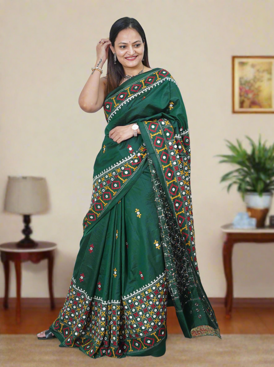 Kutch Hand Embroidered Pure Banglore Silk Saree