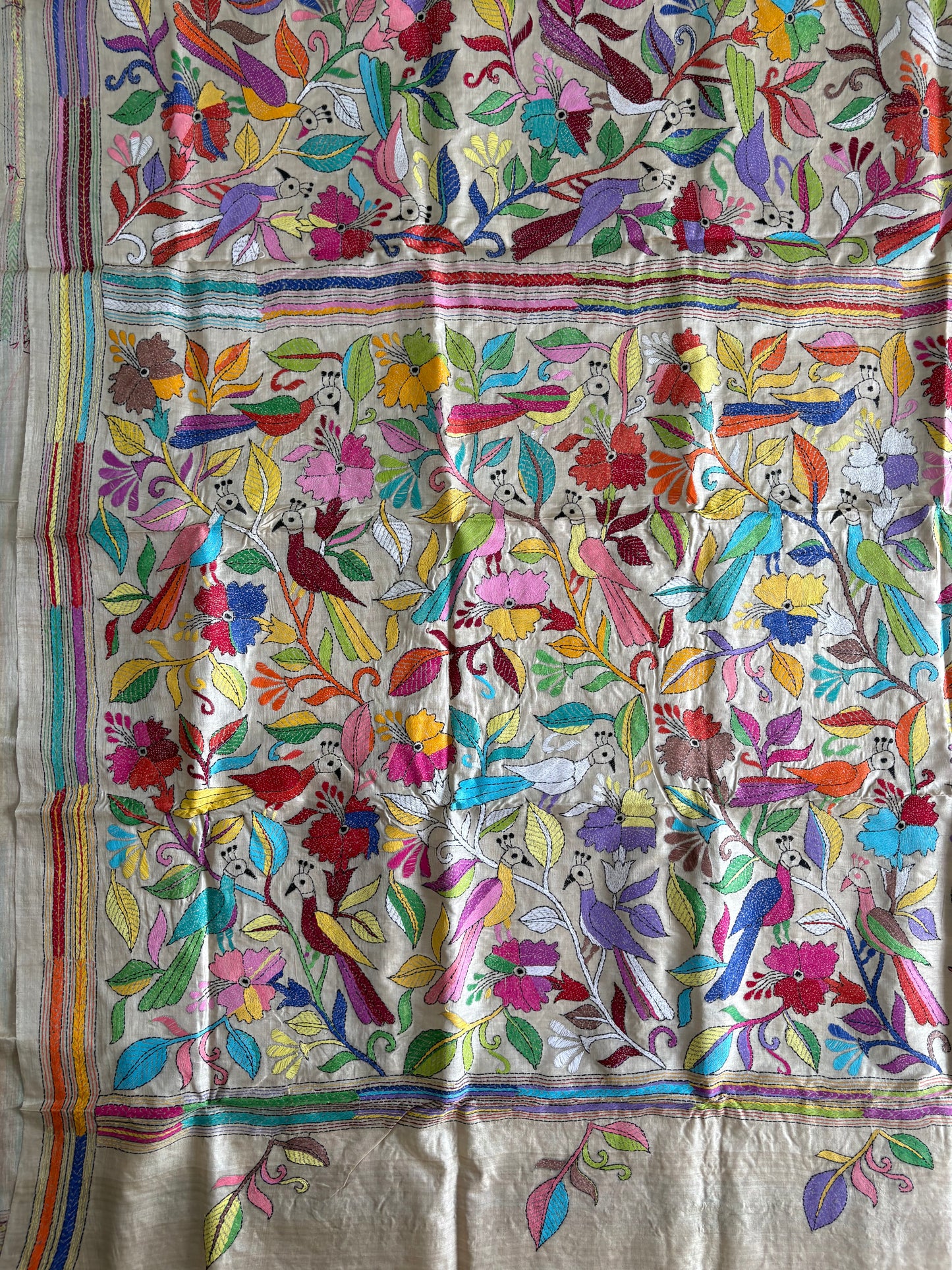 Kantha Stitch Hand Embroidered Pure Gachi Tussar Silk Saree (Silk Marked)
