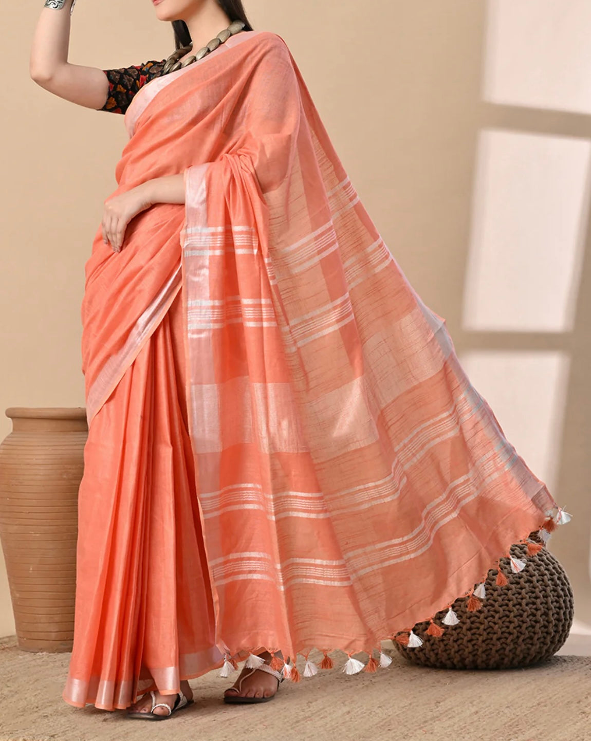Cotton Linen Saree With running Blouse