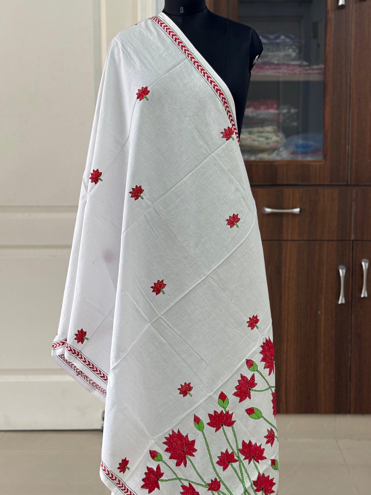 Kantha Hand Embroidary Full Work Pure Cotton Dupatta- white “36”